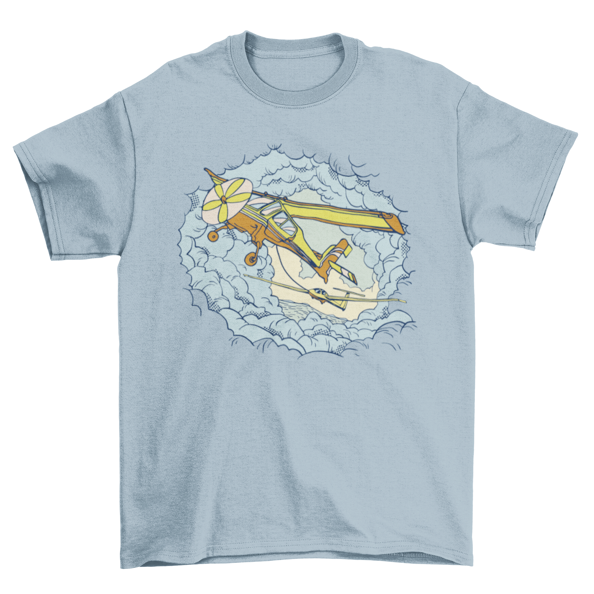 A stylish t-shirt featuring a graphic of an airplane flying in the clouds, perfect for aviation enthusiasts.