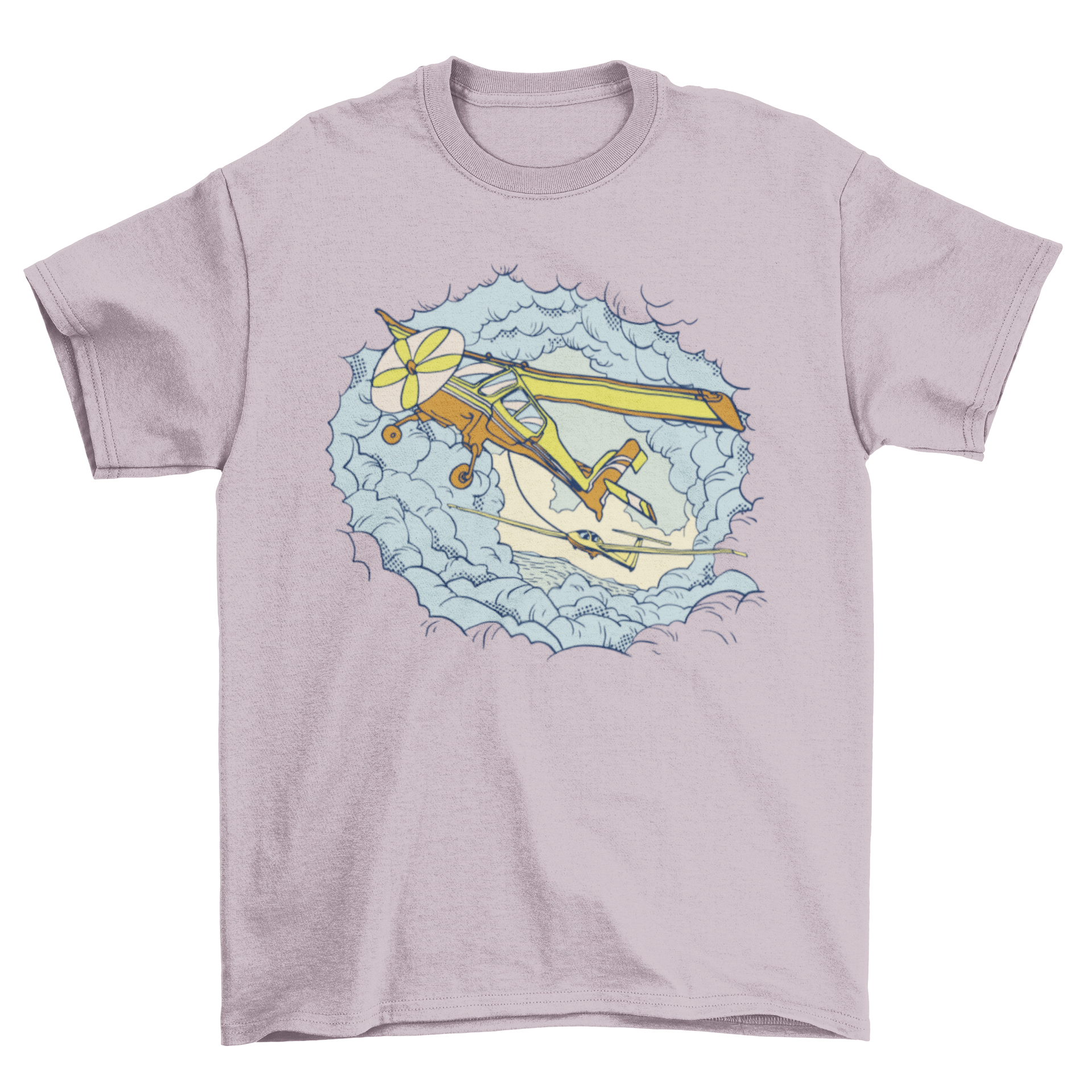 A stylish t-shirt featuring a graphic of an airplane flying in the clouds, perfect for aviation enthusiasts.