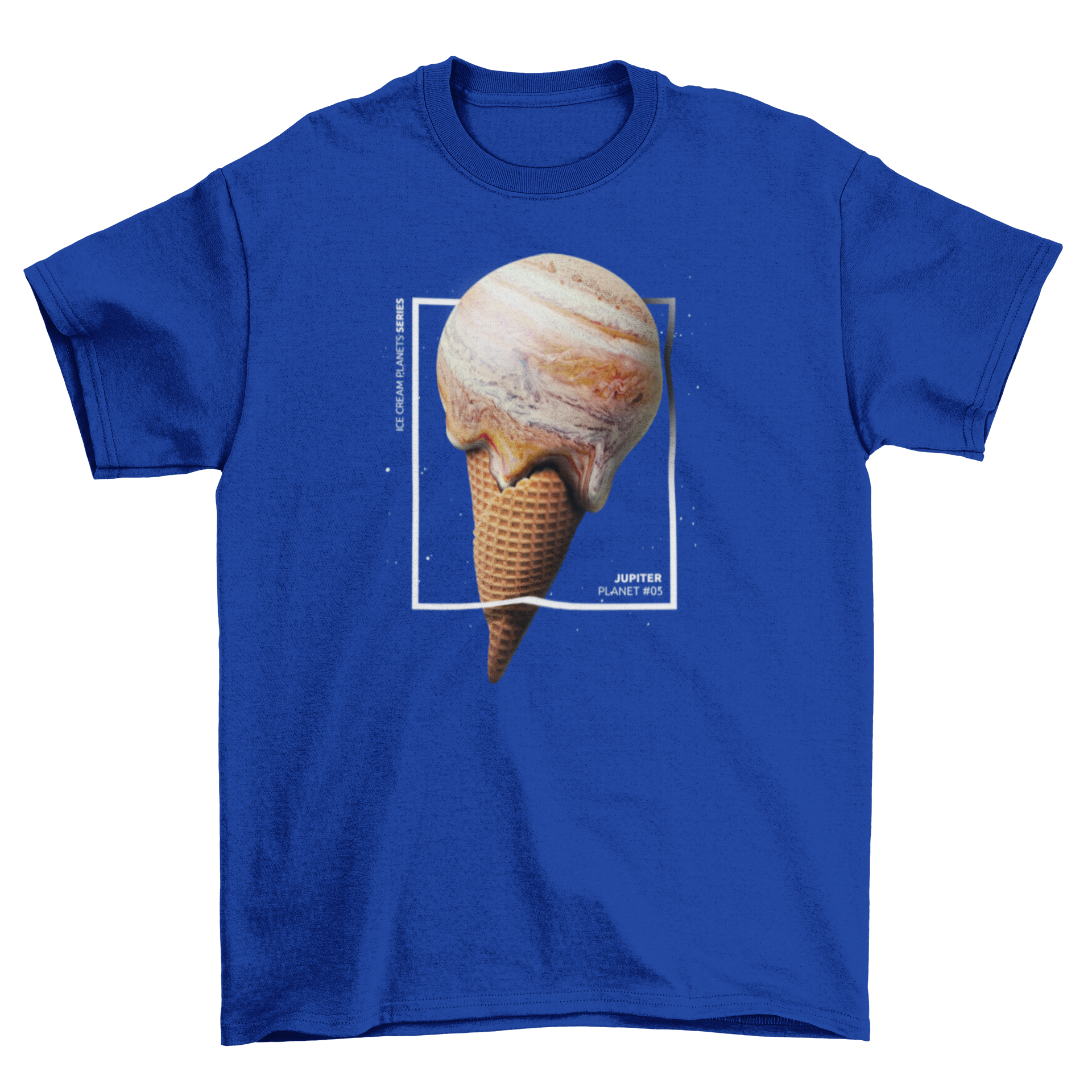 A vibrant t-shirt featuring a creative design of Jupiter shaped like an ice cream cone, showcasing colorful swirls and patterns.