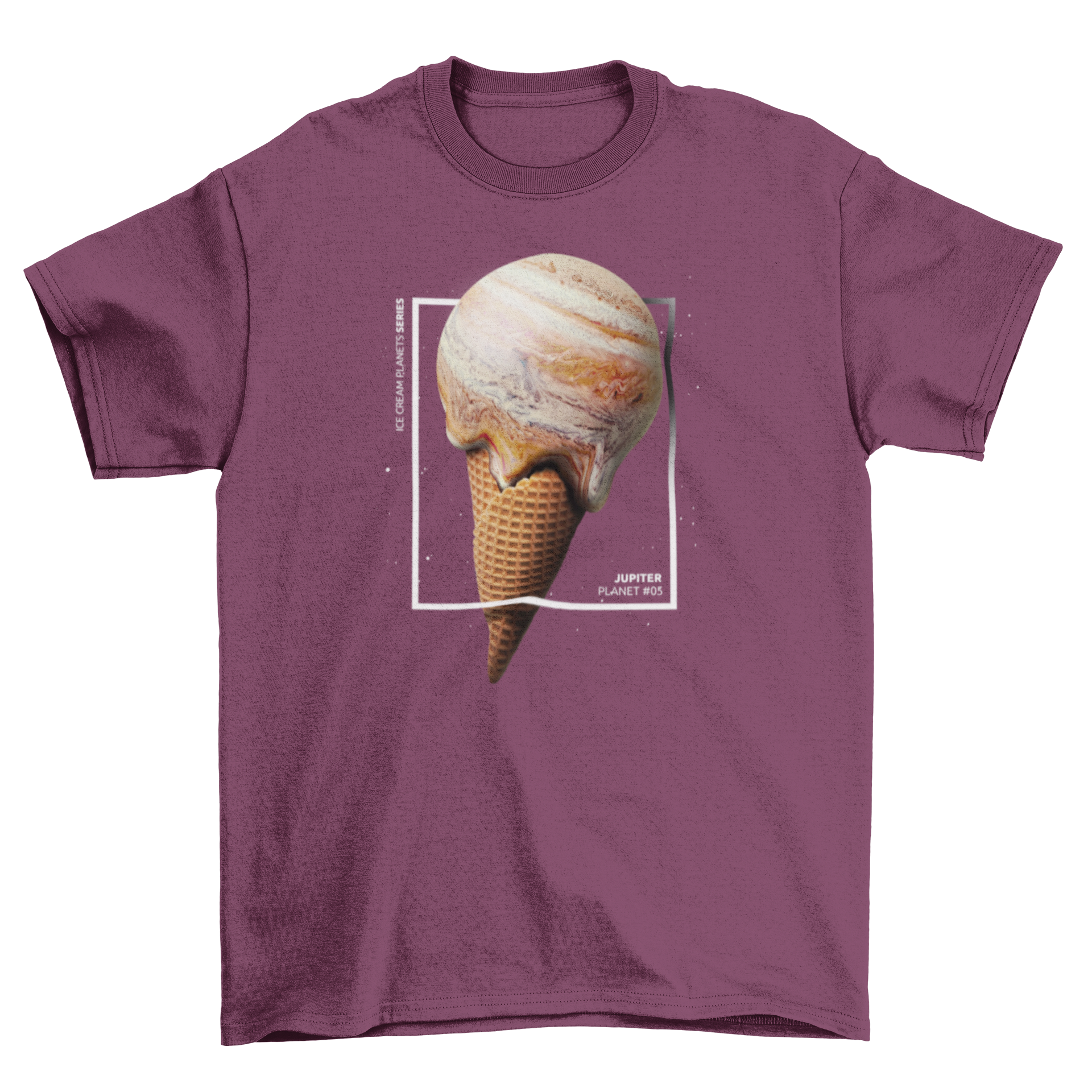 A vibrant t-shirt featuring a creative design of Jupiter shaped like an ice cream cone, showcasing colorful swirls and patterns.