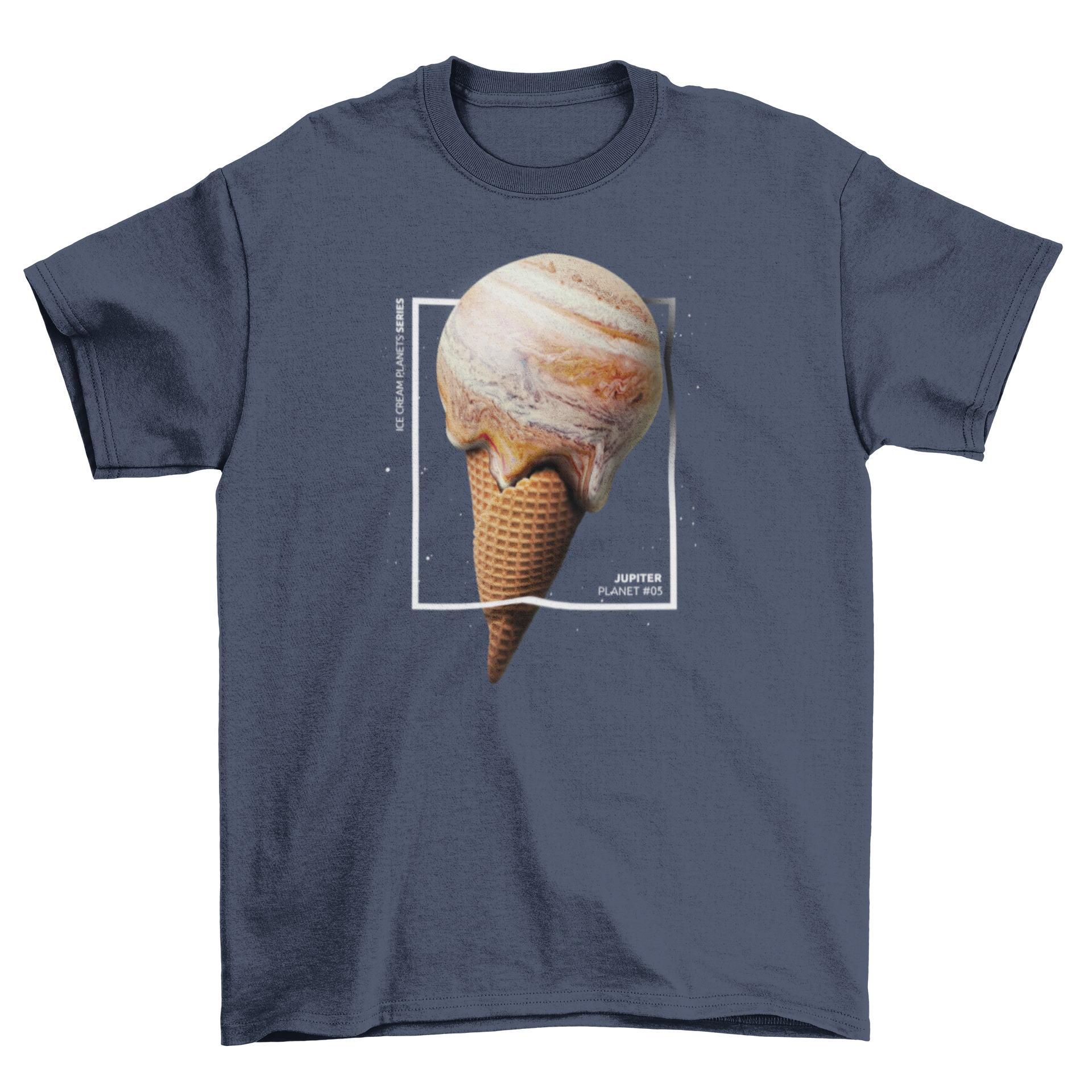 A vibrant t-shirt featuring a creative design of Jupiter shaped like an ice cream cone, showcasing colorful swirls and patterns.