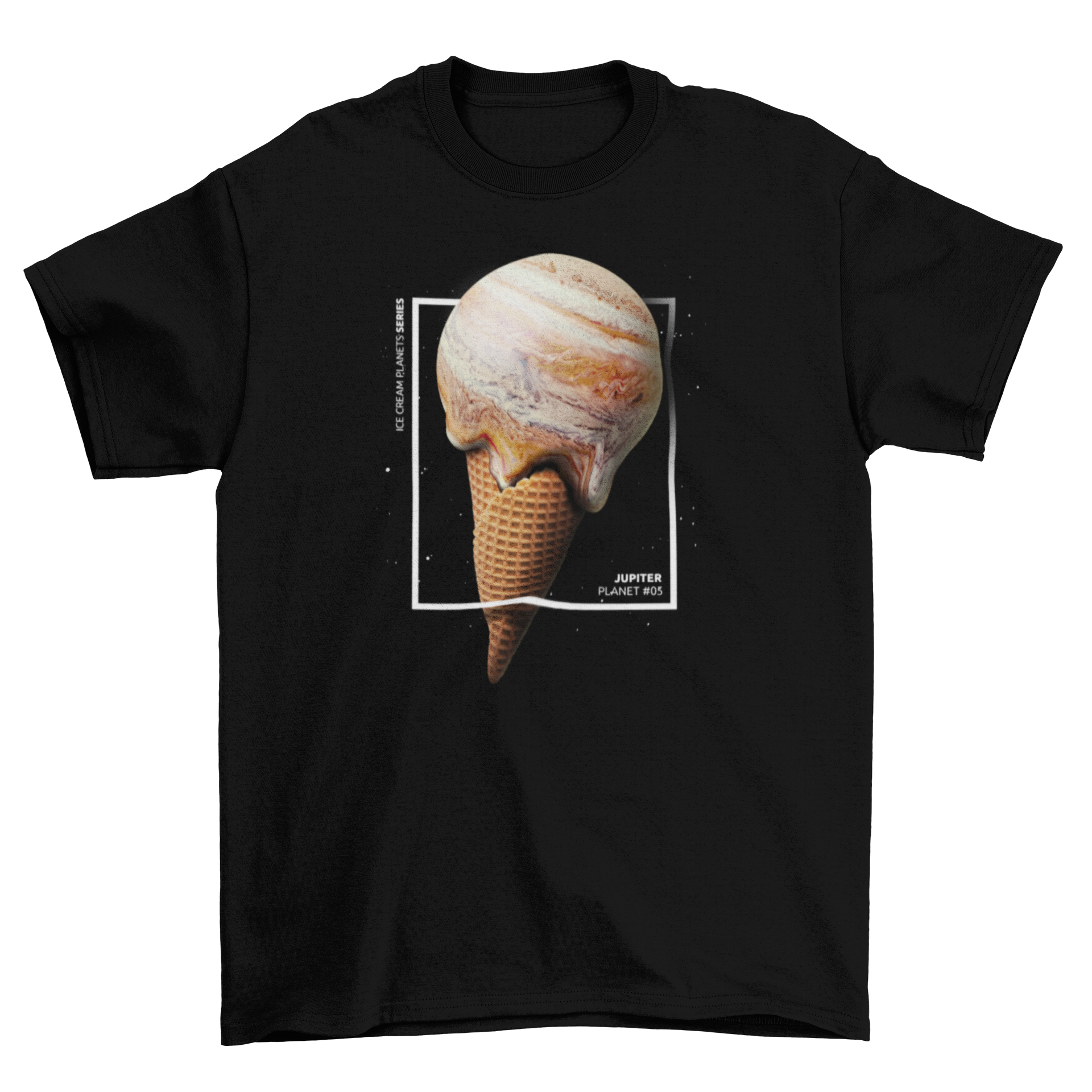 A vibrant t-shirt featuring a creative design of Jupiter shaped like an ice cream cone, showcasing colorful swirls and patterns.