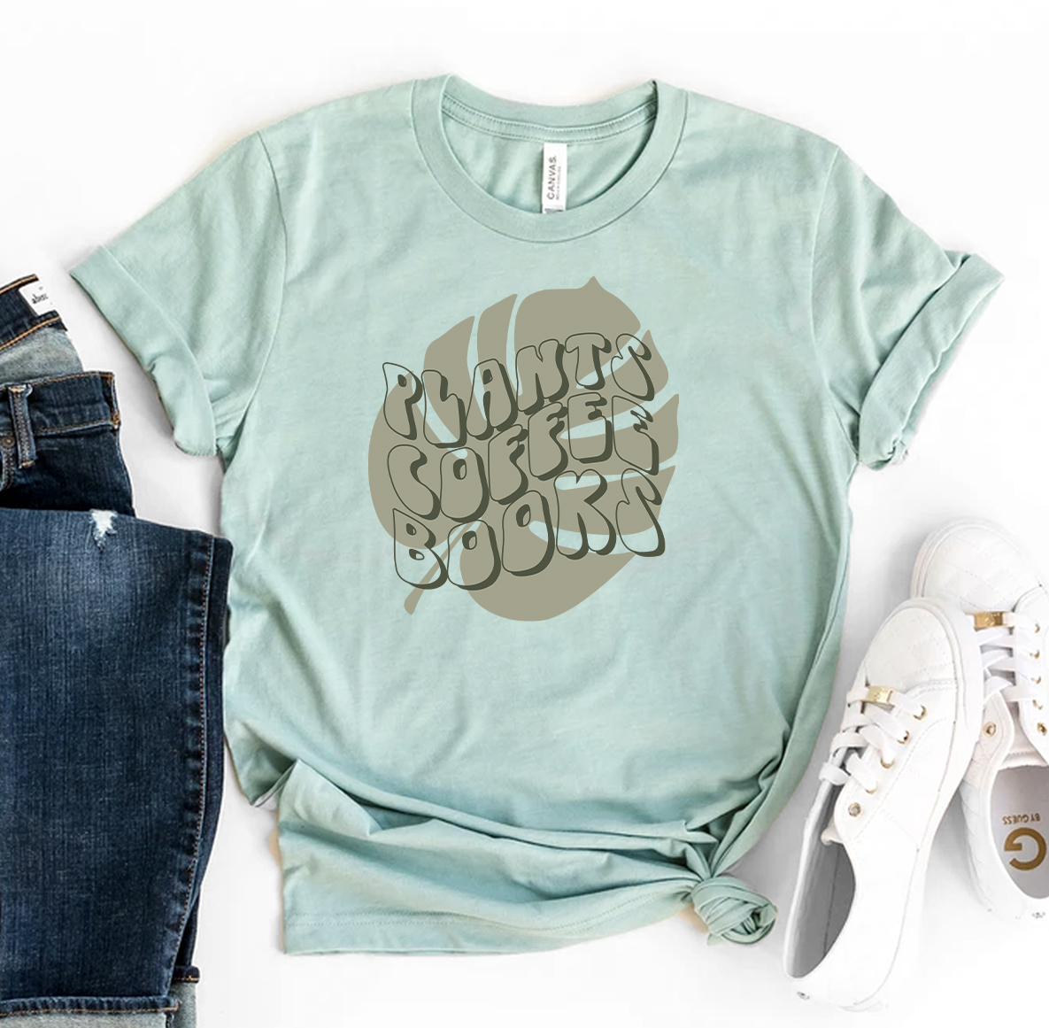 Plant Coffee Books T-shirt made from premium ring spun cotton, featuring a stylish design with soft textile flex print.