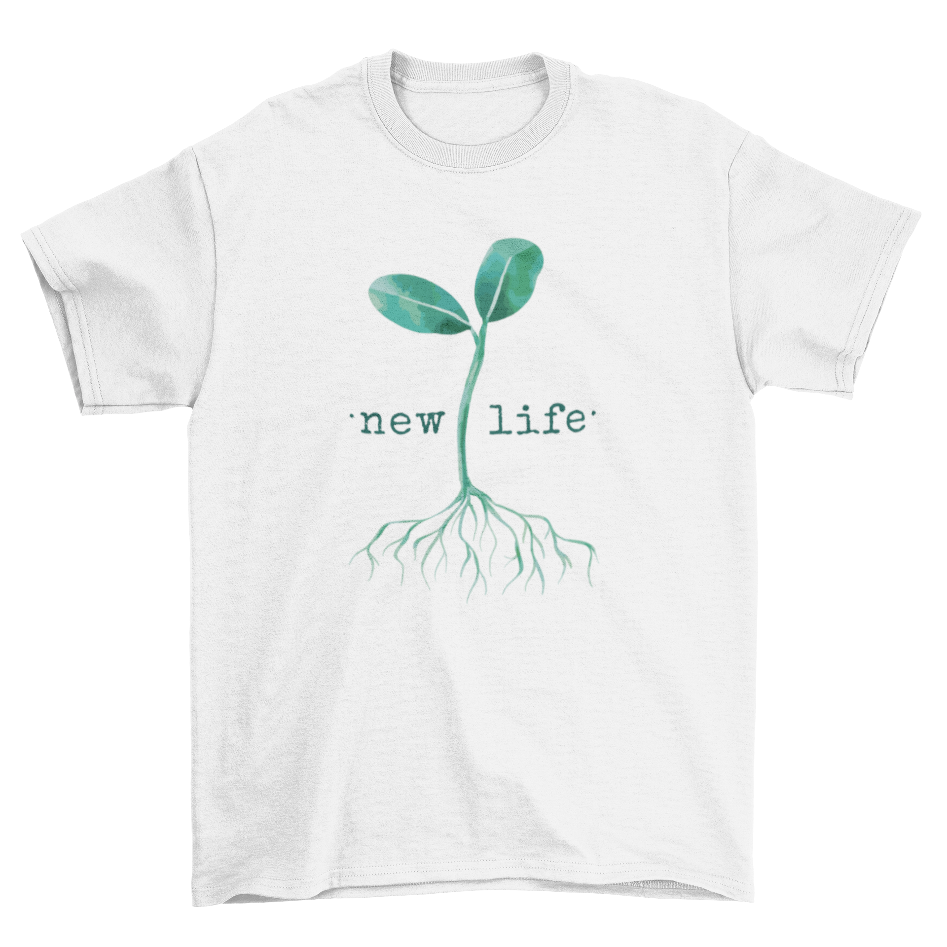 A stylish t-shirt featuring a small plant with leaves and the quote 'New Life', symbolizing growth and renewal.