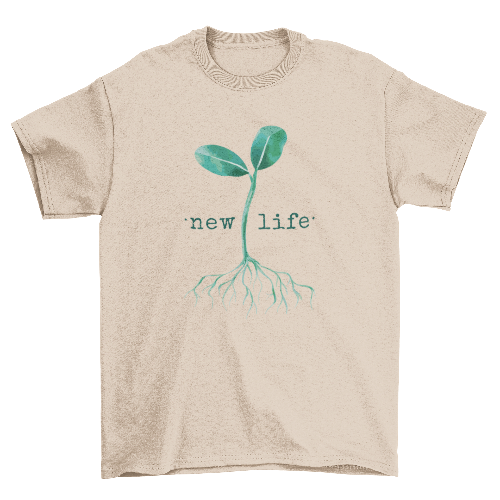 A stylish t-shirt featuring a small plant with leaves and the quote 'New Life', symbolizing growth and renewal.