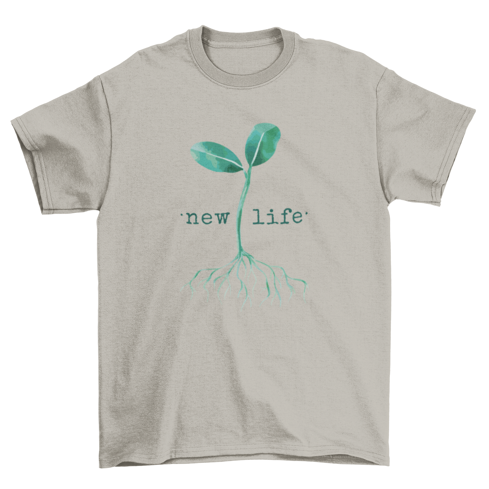 A stylish t-shirt featuring a small plant with leaves and the quote 'New Life', symbolizing growth and renewal.