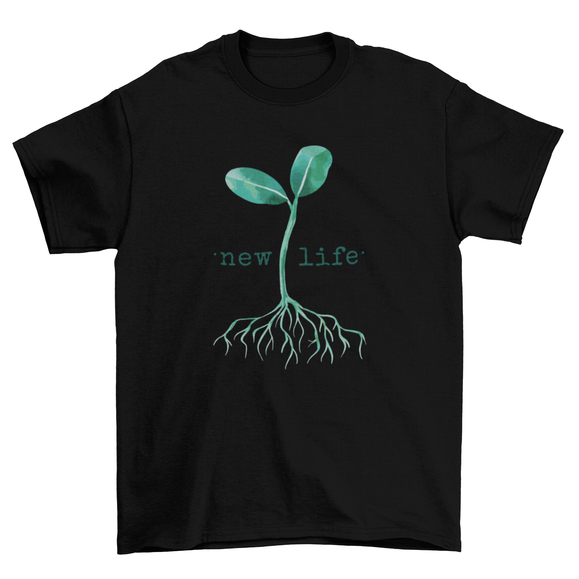 A stylish t-shirt featuring a small plant with leaves and the quote 'New Life', symbolizing growth and renewal.