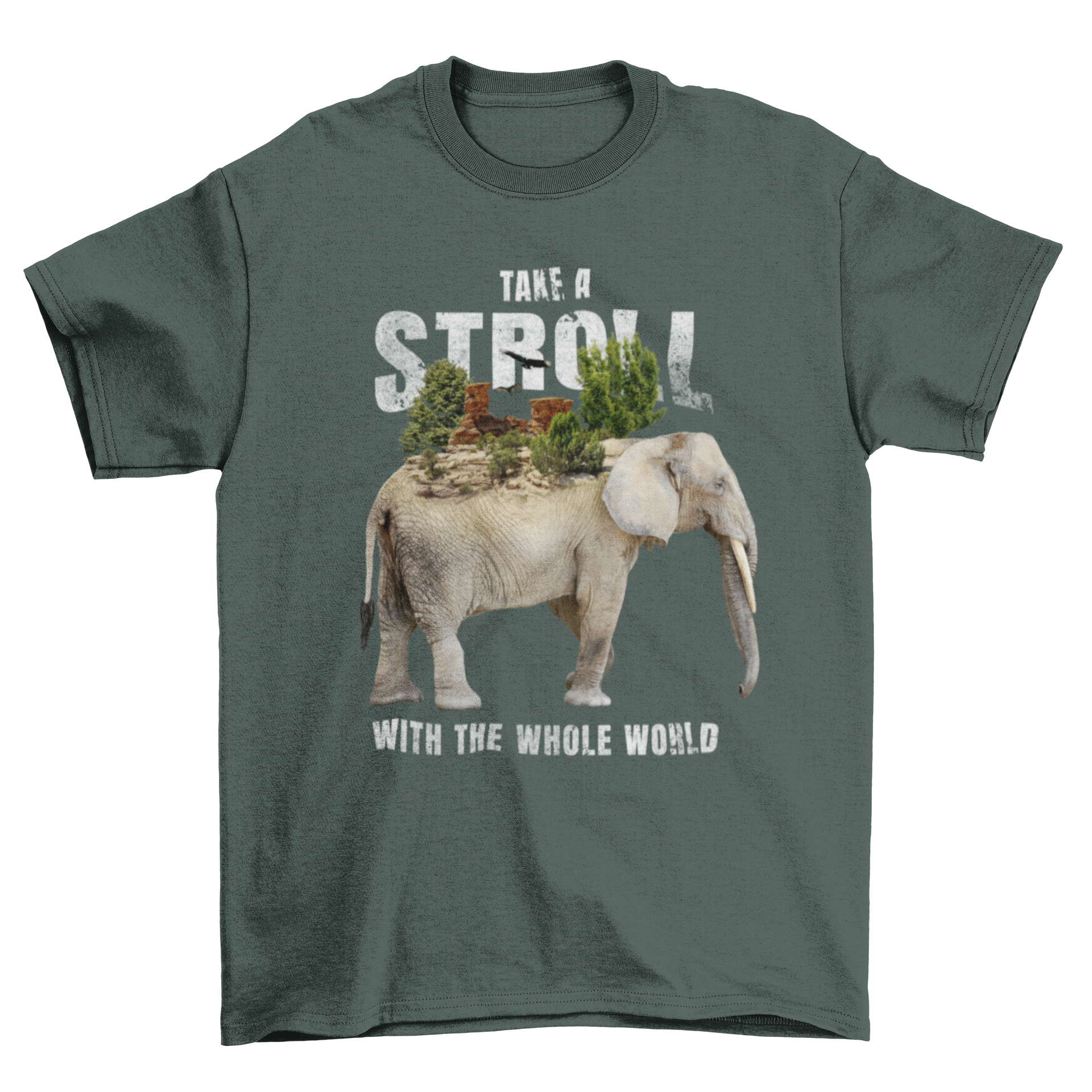 A stylish t-shirt featuring an elephant carrying trees and plants with an inspirational quote.