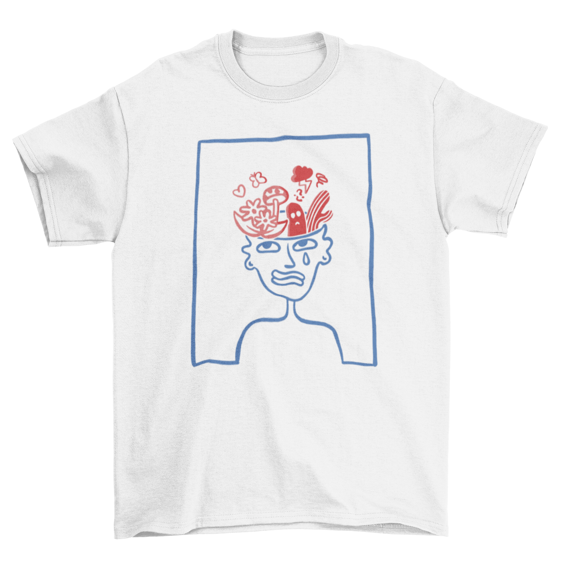 A creative t-shirt design featuring a person with plants and nature elements growing from their head, symbolizing a connection to nature.