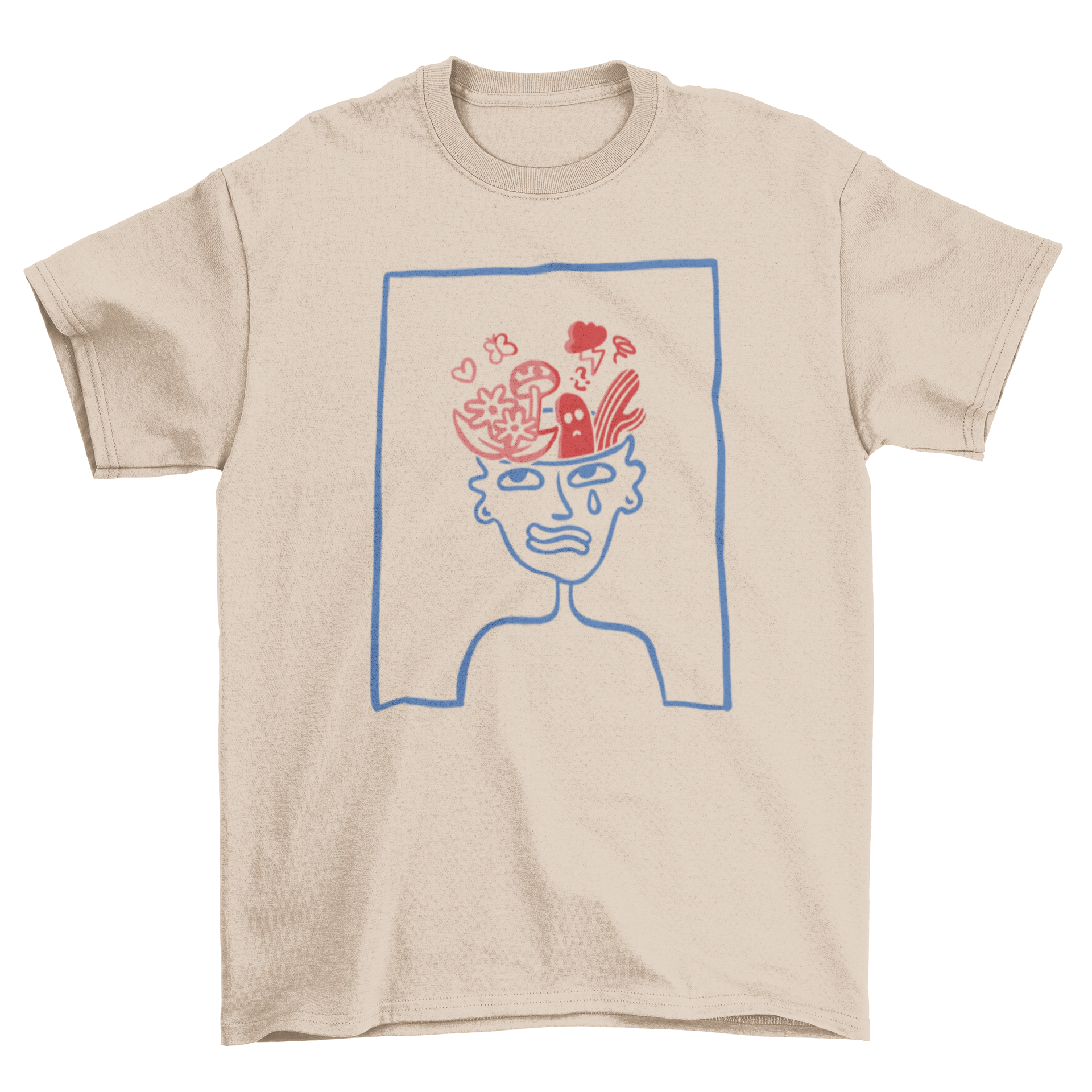 A creative t-shirt design featuring a person with plants and nature elements growing from their head, symbolizing a connection to nature.