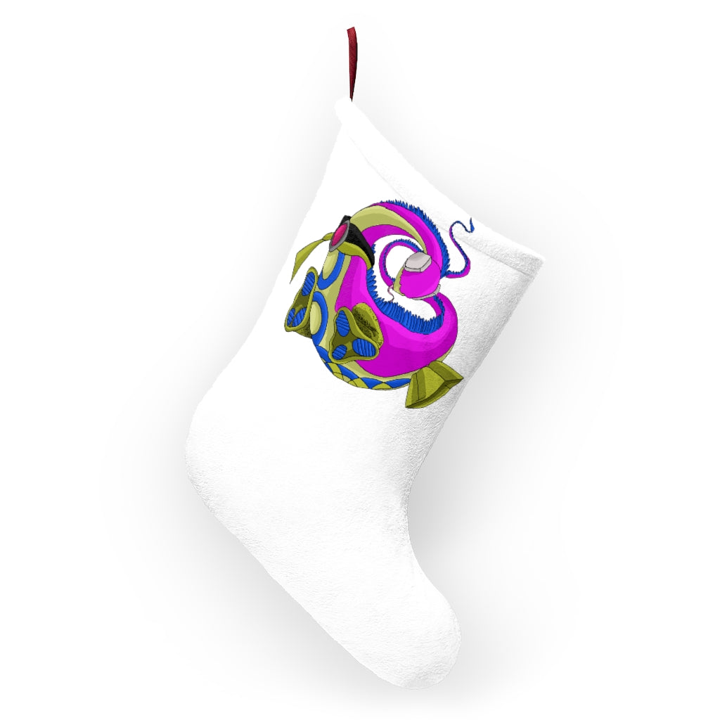 A set of colorful Platipus Christmas Stockings hanging by a fireplace, showcasing personalized designs and festive prints.