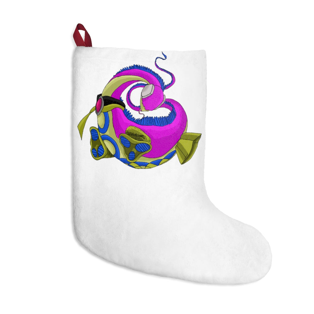 A set of colorful Platipus Christmas Stockings hanging by a fireplace, showcasing personalized designs and festive prints.