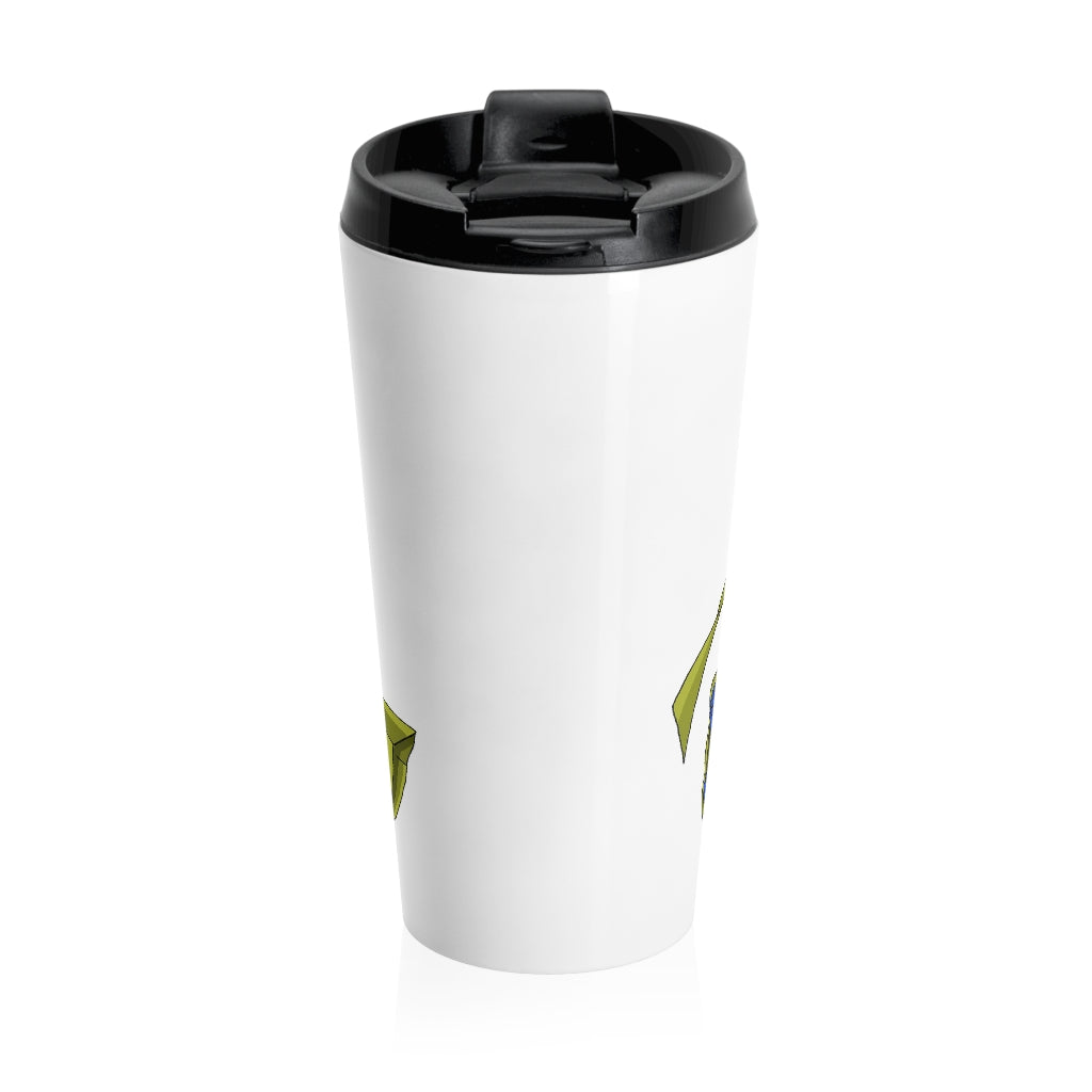 Platipus Stainless Steel Travel Mug with black lid, showcasing its sleek design and sublimation printing.