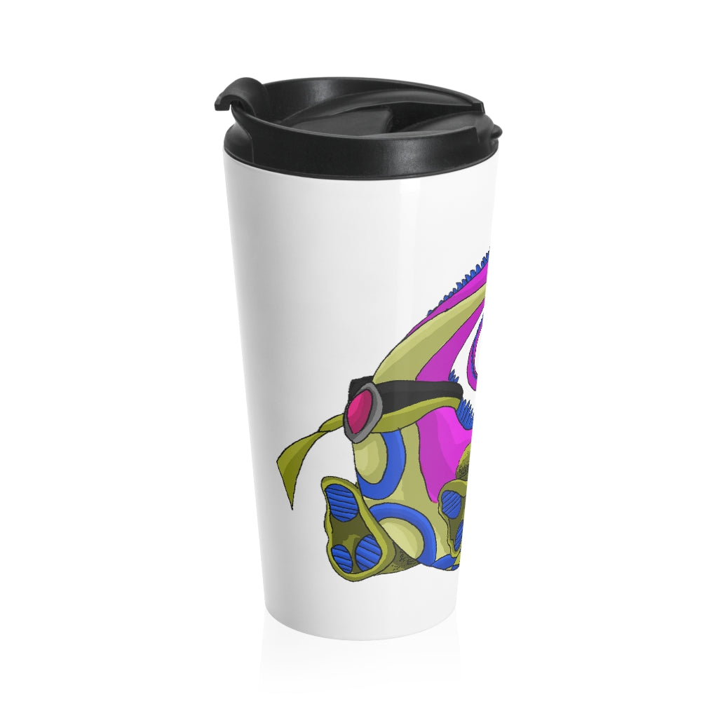 Platipus Stainless Steel Travel Mug with black lid, showcasing its sleek design and sublimation printing.