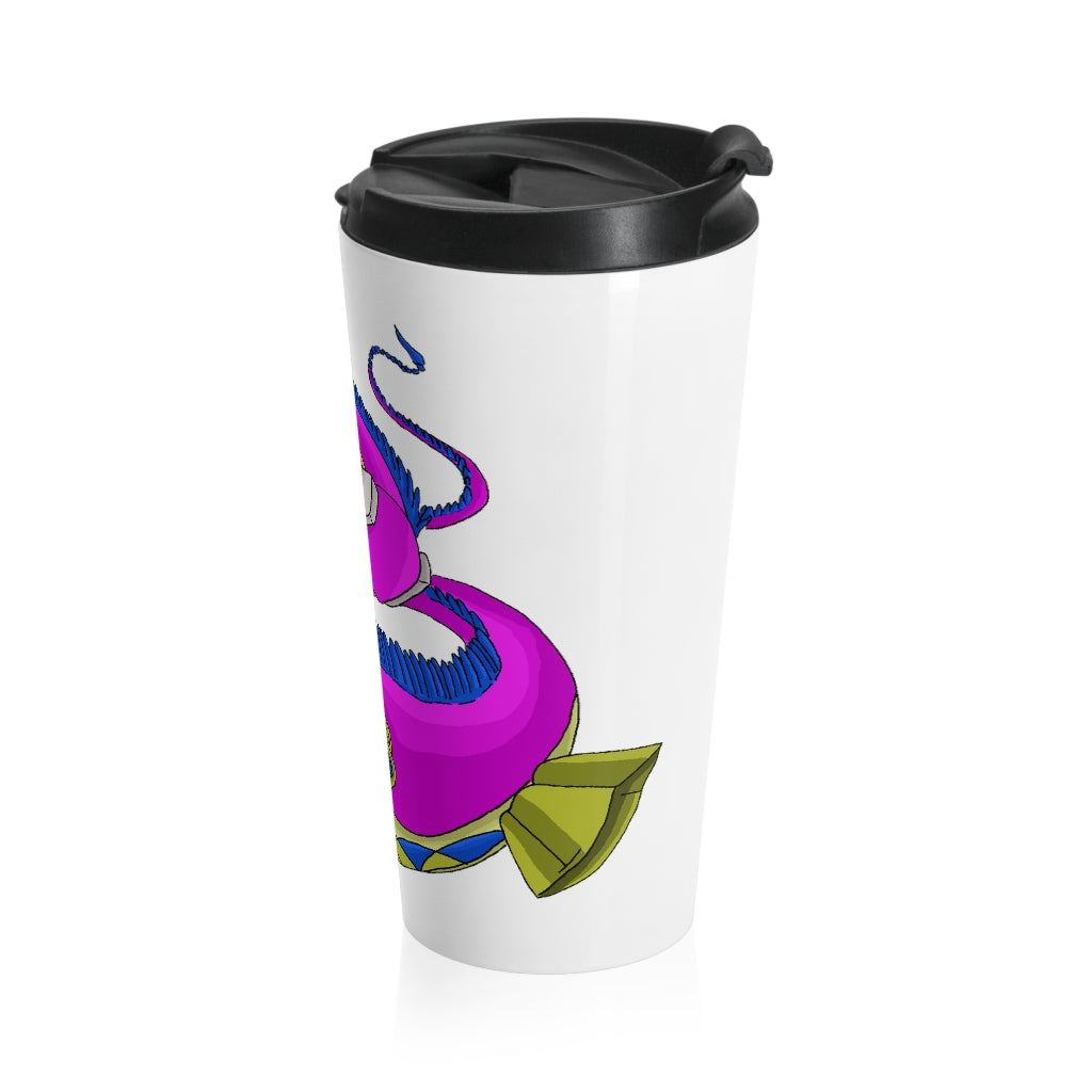 Platipus Stainless Steel Travel Mug with black lid, showcasing its sleek design and sublimation printing.