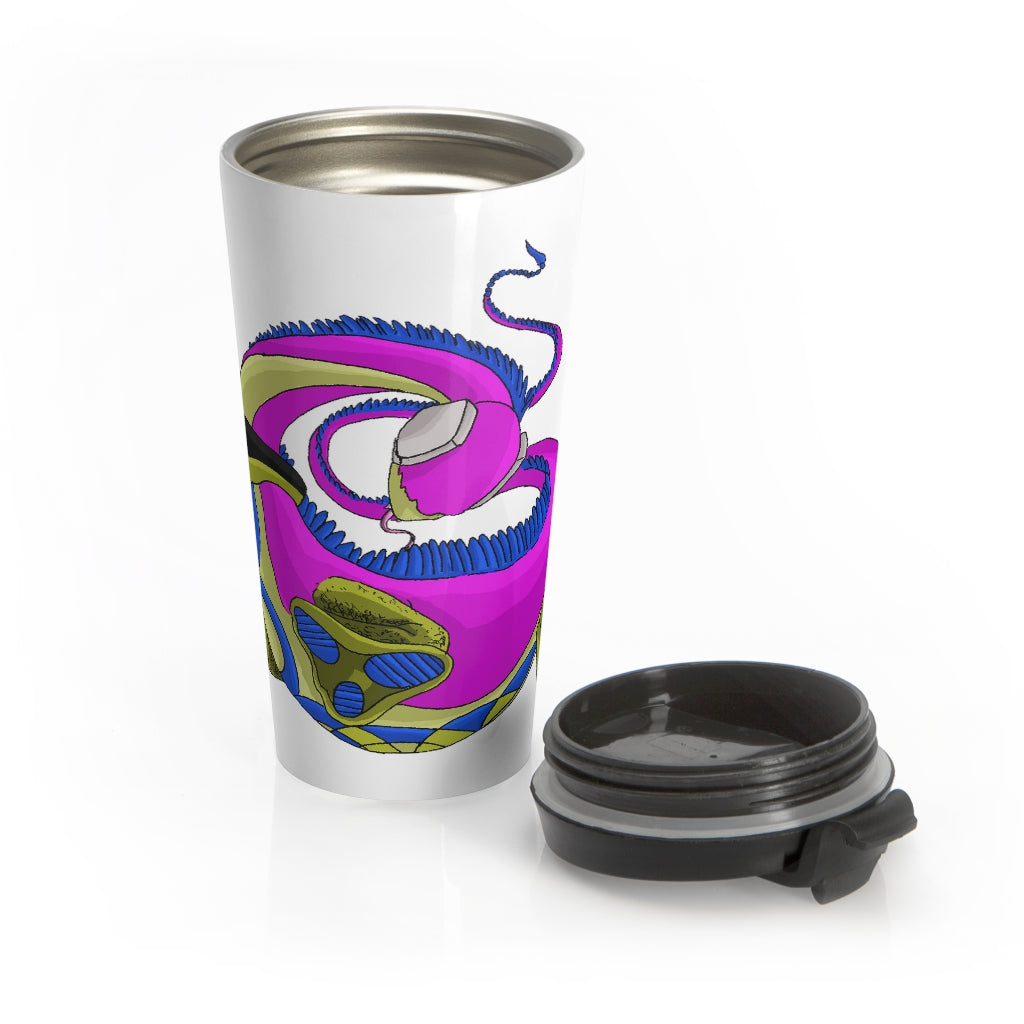 Platipus Stainless Steel Travel Mug with black lid, showcasing its sleek design and sublimation printing.