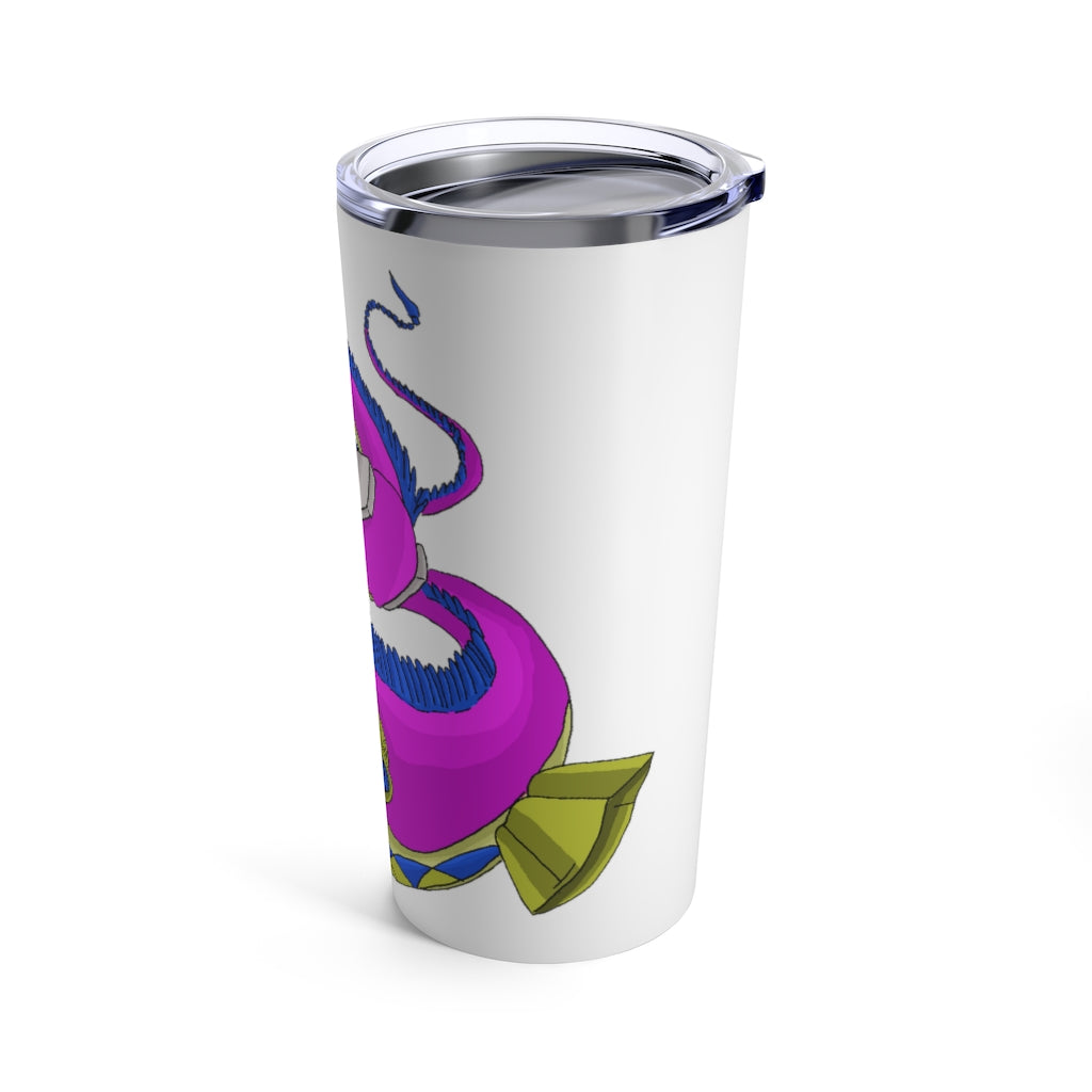 Platipus Tumbler 20oz in stainless steel with a see-thru plastic lid, showcasing its sleek design and rounded corners.