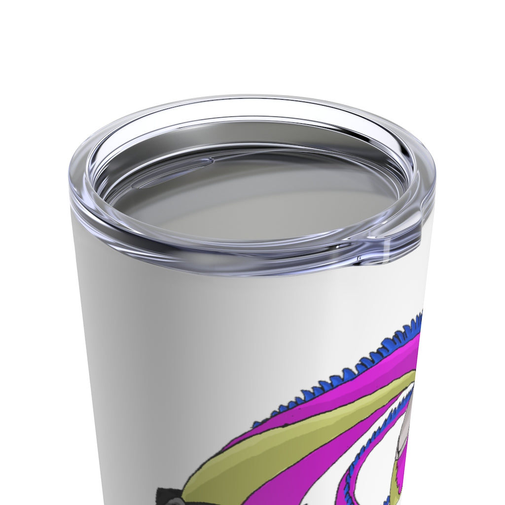 Platipus Tumbler 20oz in stainless steel with a see-thru plastic lid, showcasing its sleek design and rounded corners.