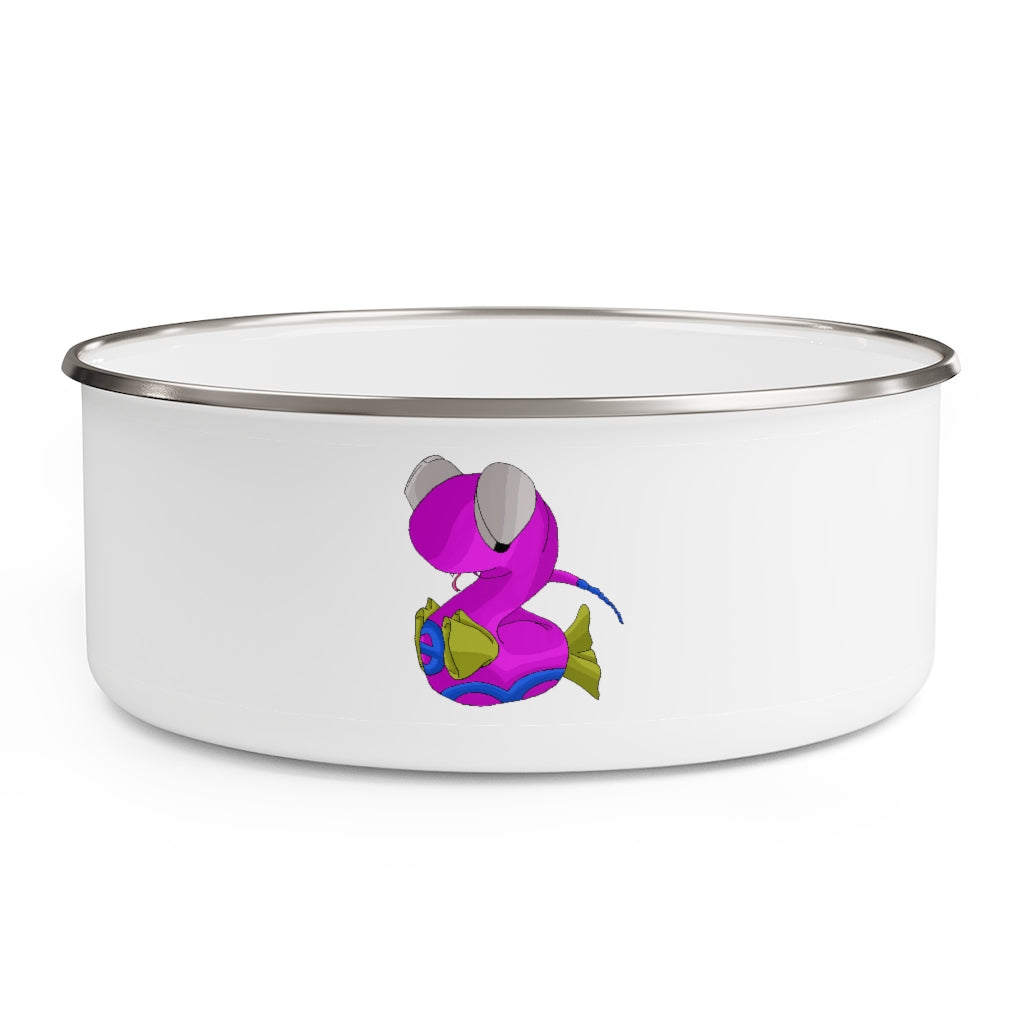 Plato Enamel Bowl made of stainless steel with a translucent plastic lid, showcasing a customizable print around the exterior.