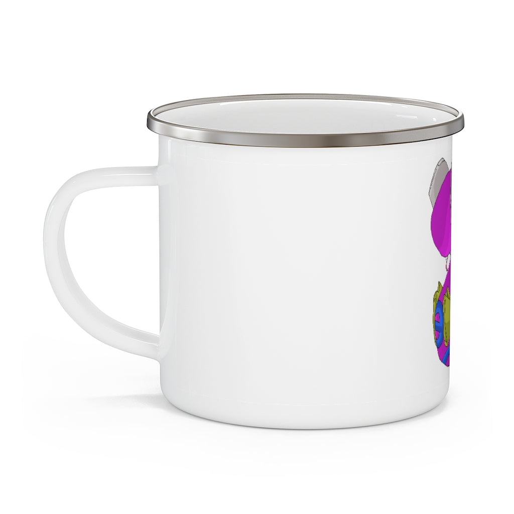 Plato Enamel Camping Mug in a natural outdoor setting, showcasing its durable design and personalized print options.