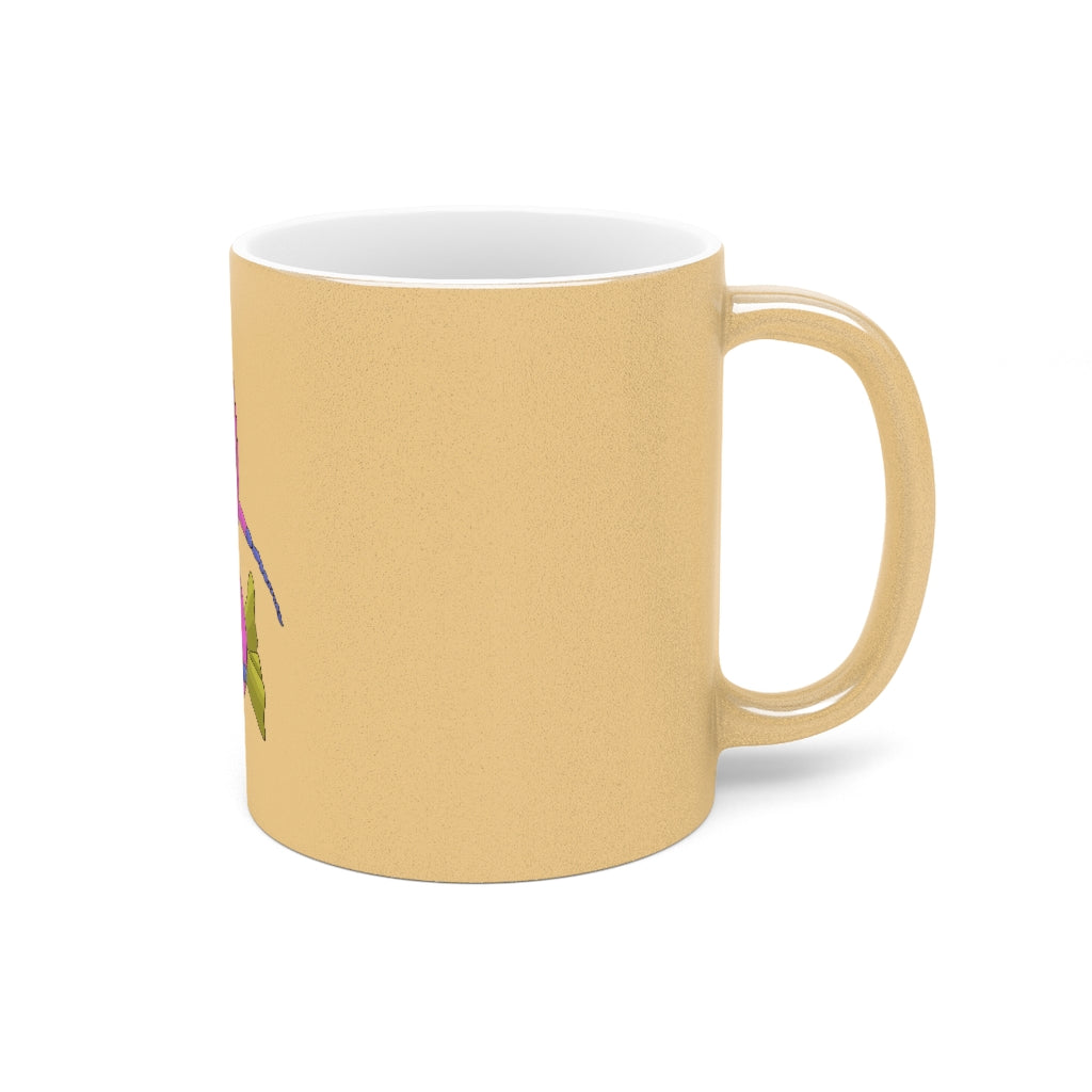 Plato Metallic Mug in Silver and Gold with personalized designs, showcasing its elegant finish and comfortable C-handle.