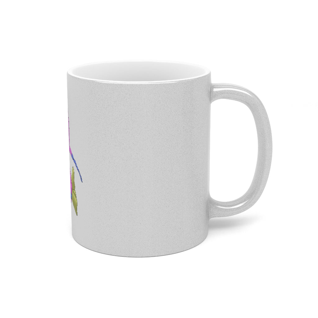 Plato Metallic Mug in Silver and Gold with personalized designs, showcasing its elegant finish and comfortable C-handle.