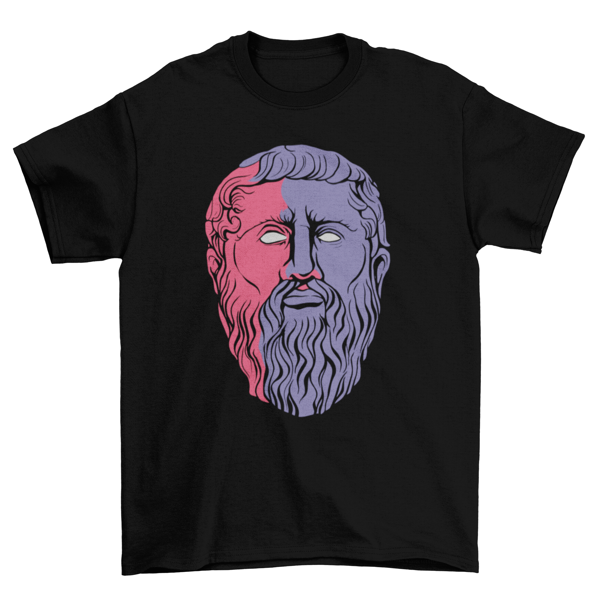 A stylish T-shirt featuring an artistic illustration of Plato's face, perfect for philosophy enthusiasts.