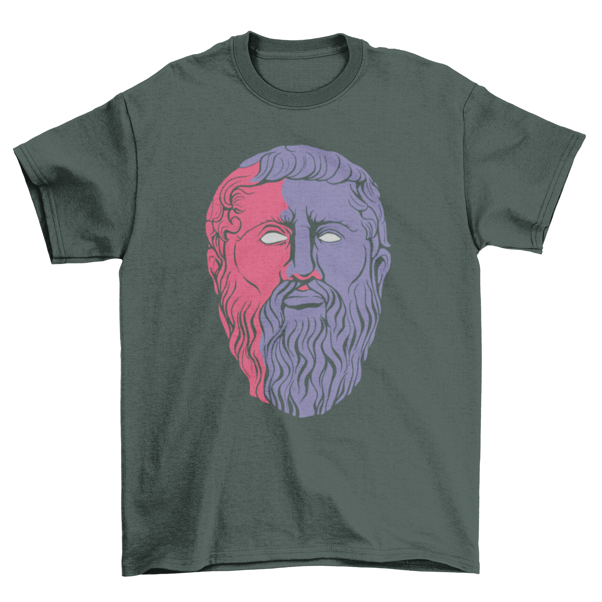 A stylish T-shirt featuring an artistic illustration of Plato's face, perfect for philosophy enthusiasts.