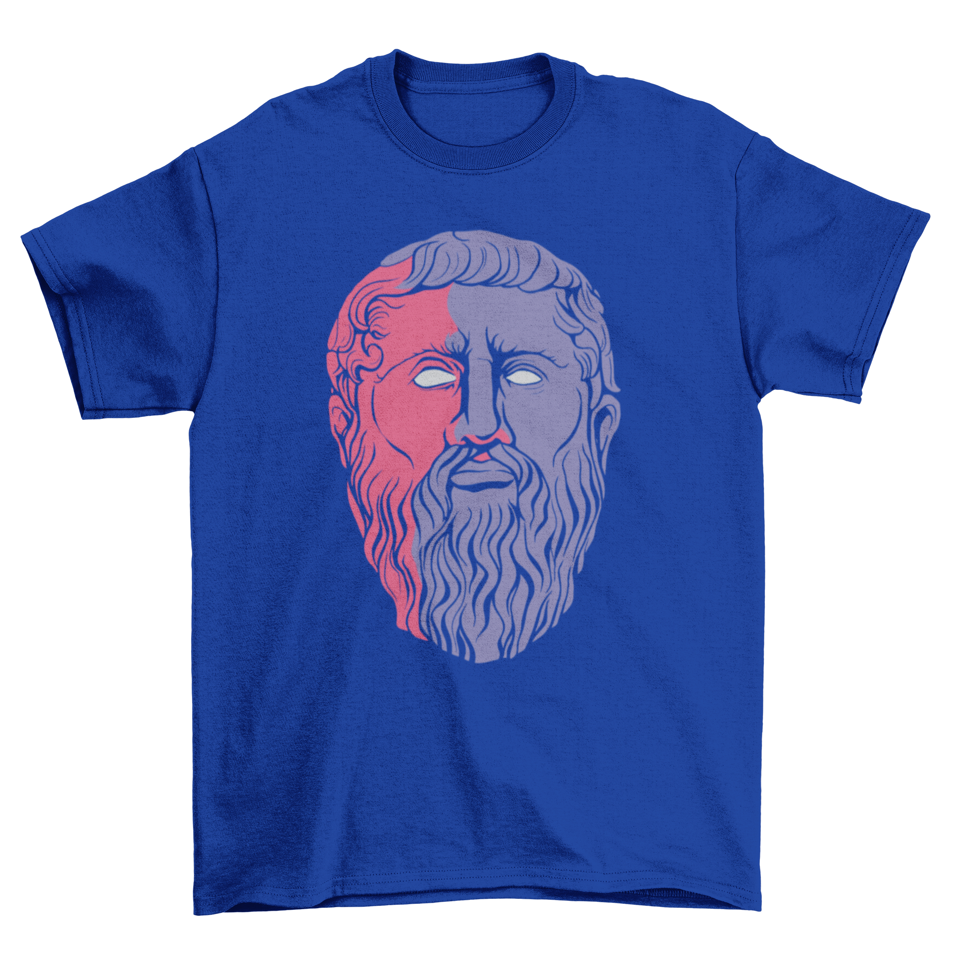 A stylish T-shirt featuring an artistic illustration of Plato's face, perfect for philosophy enthusiasts.