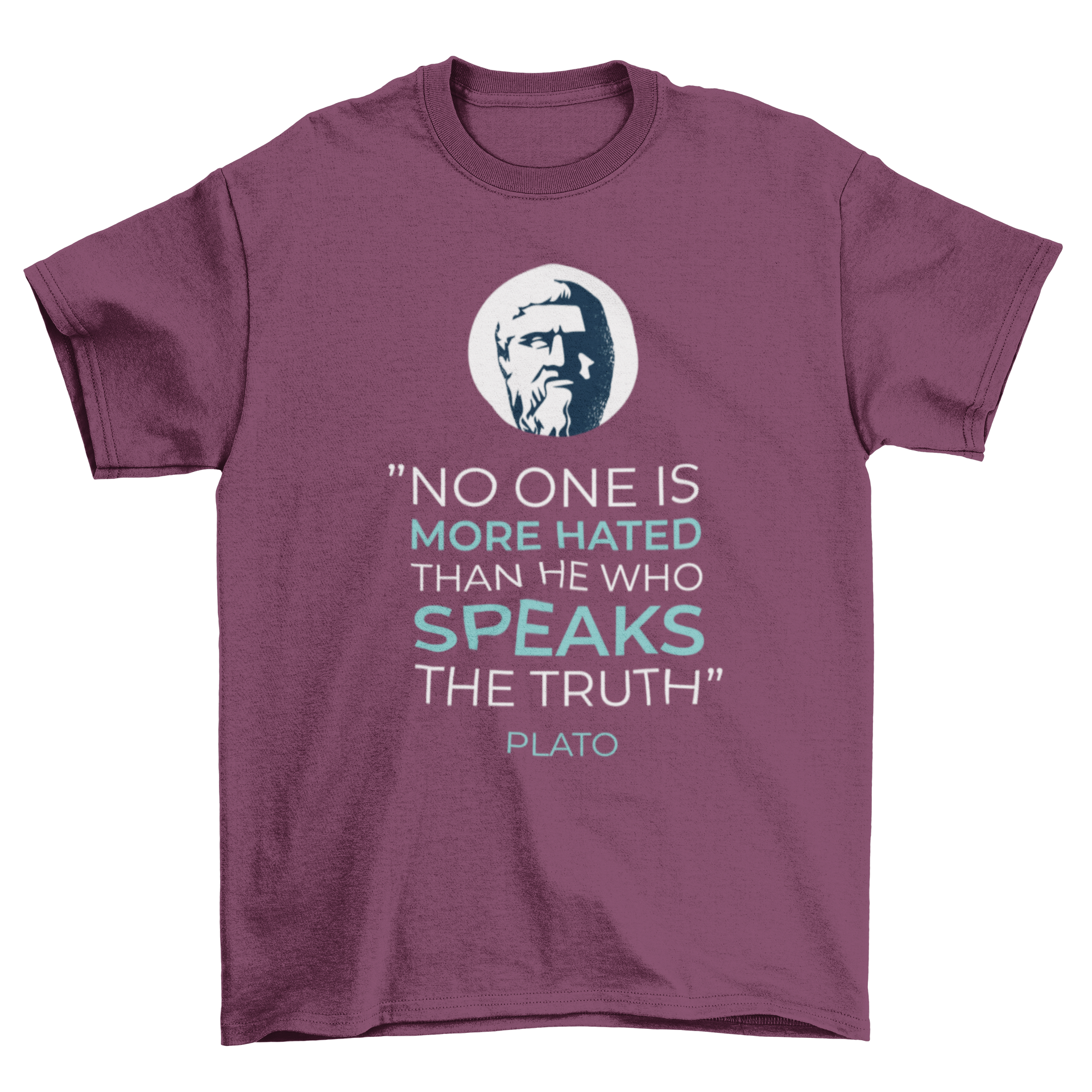 Plato quote t-shirt featuring a portrait bust of Plato and the quote 'No one is more hated than he who speaks the truth' below.