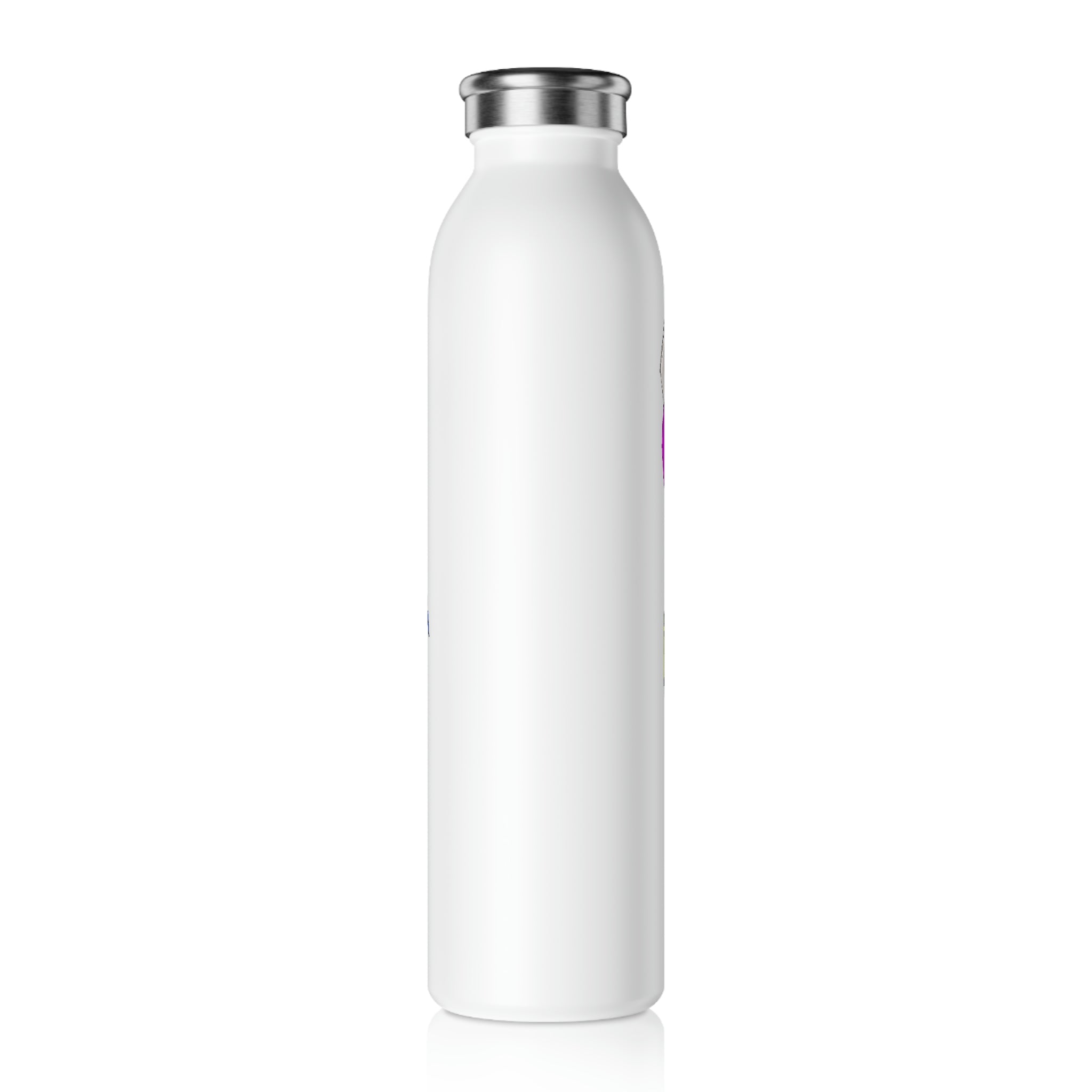 Plato Slim Water Bottle in matte finish with silver cap, showcasing personalized designs.