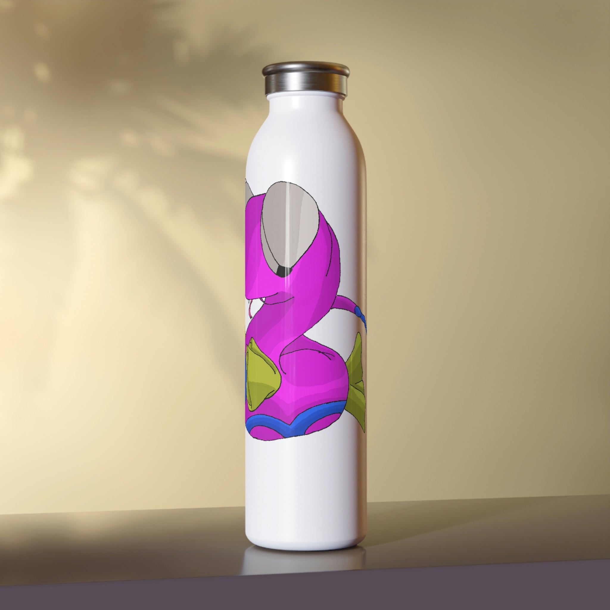 Plato Slim Water Bottle in matte finish with silver cap, showcasing personalized designs.