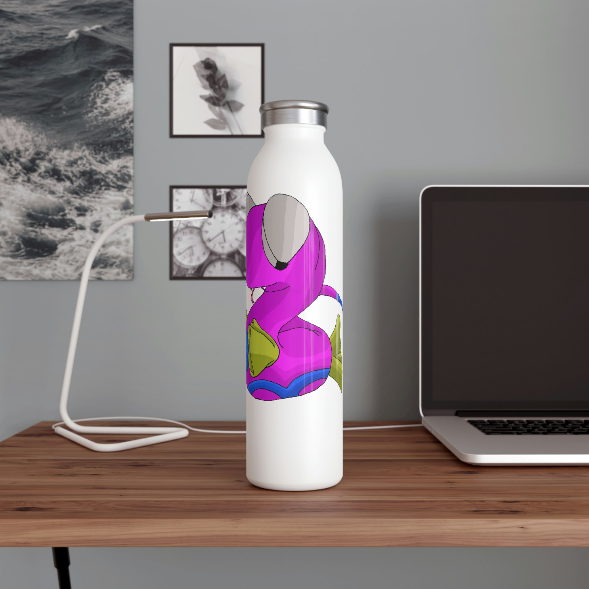 Plato Slim Water Bottle in matte finish with silver cap, showcasing personalized designs.