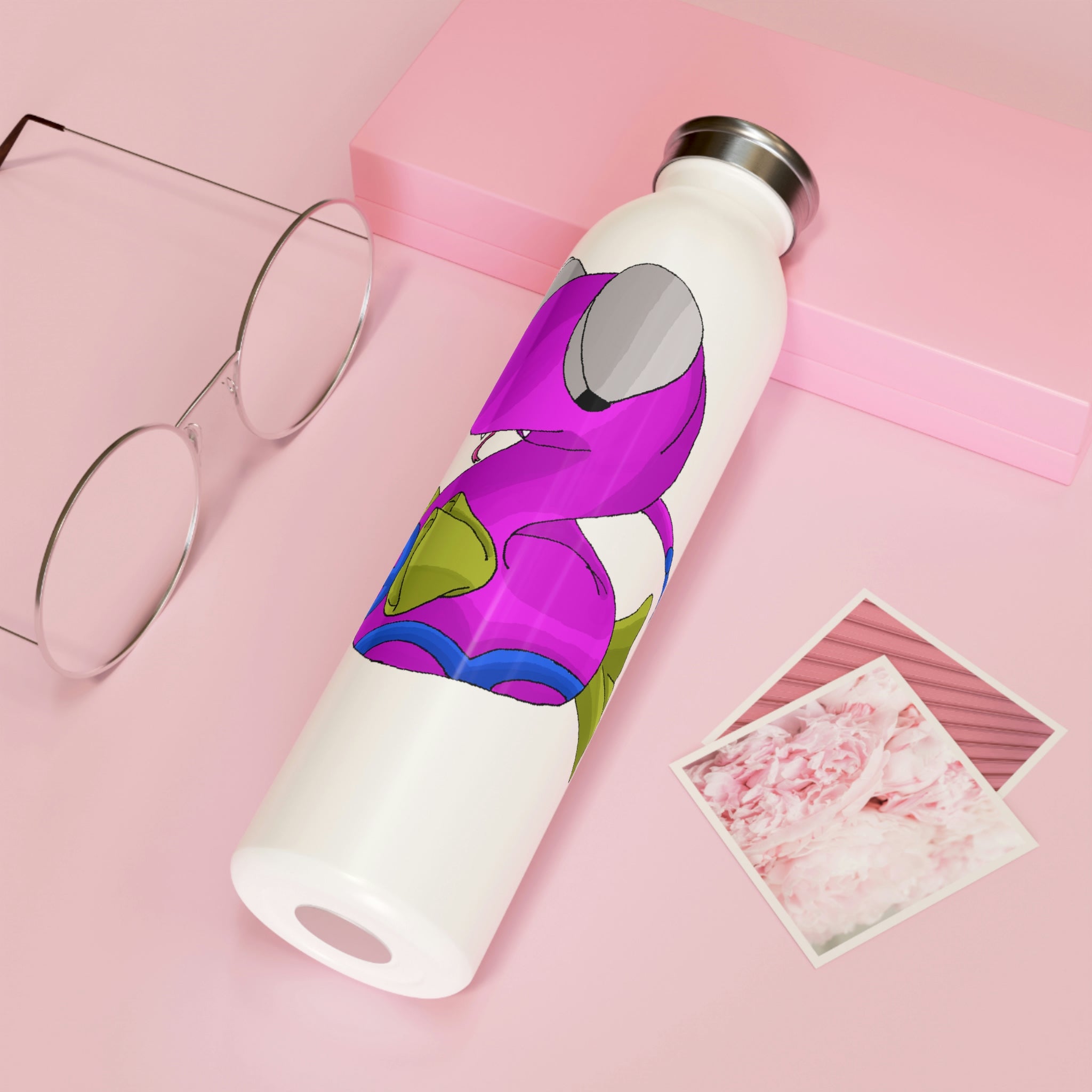 Plato Slim Water Bottle in matte finish with silver cap, showcasing personalized designs.