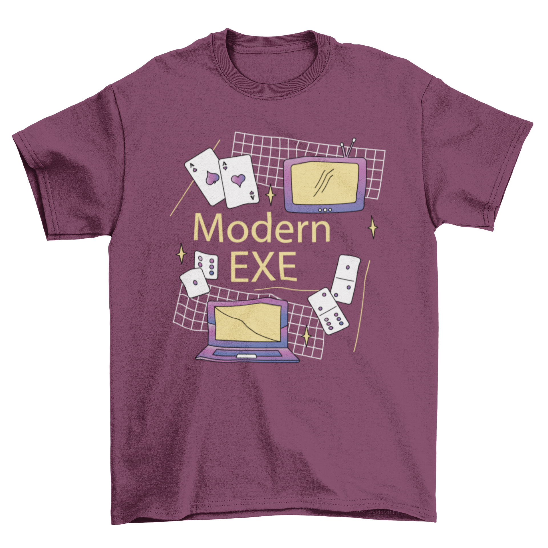 A stylish t-shirt featuring a vibrant design of playing cards and computer monitors, perfect for gaming enthusiasts.