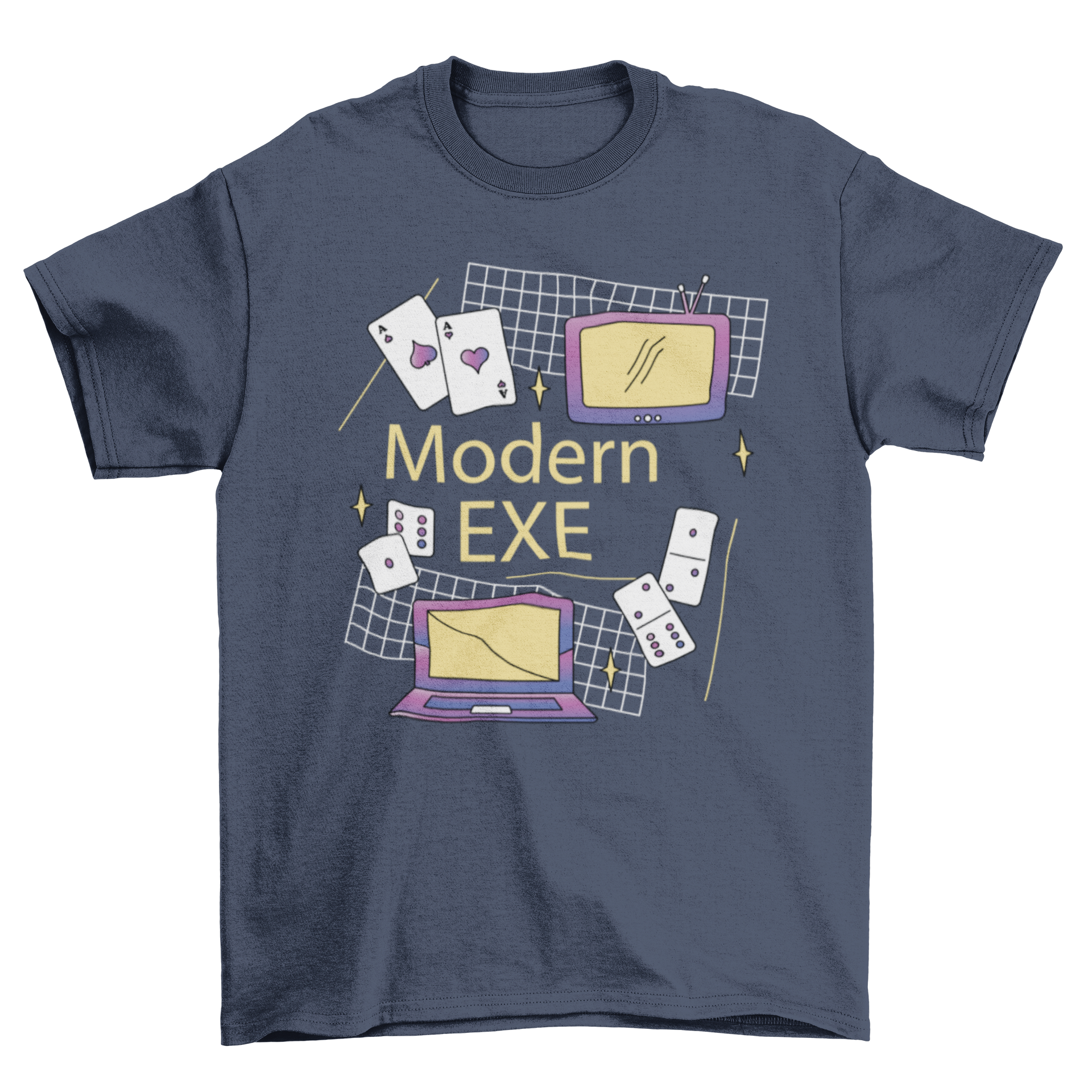 A stylish t-shirt featuring a vibrant design of playing cards and computer monitors, perfect for gaming enthusiasts.