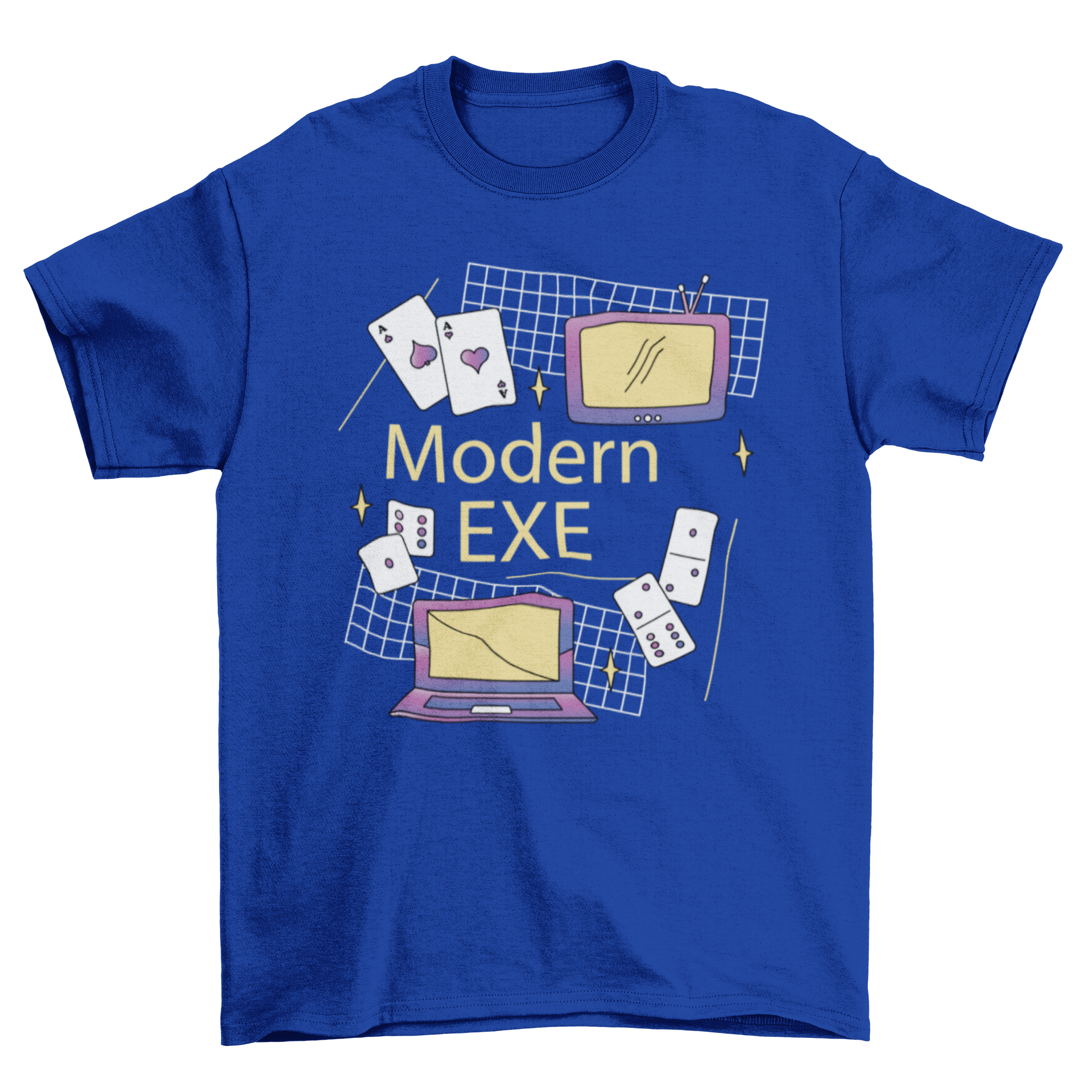 A stylish t-shirt featuring a vibrant design of playing cards and computer monitors, perfect for gaming enthusiasts.