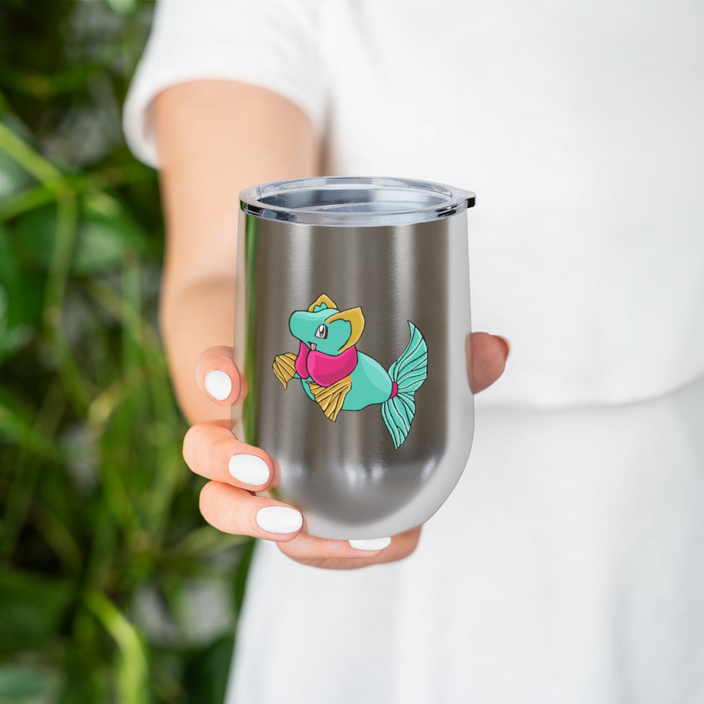 Plumo 12oz Insulated Wine Tumbler in stainless steel with a clear plastic lid, showcasing a stylish design for hot and cold beverages.