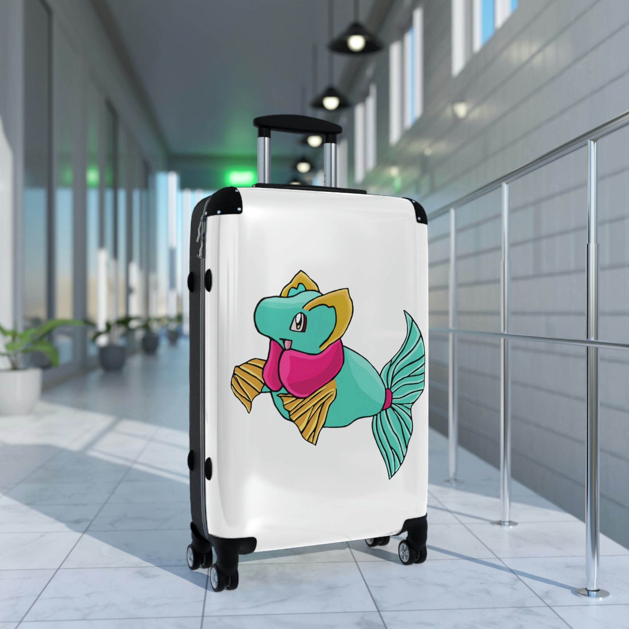 Plumo Cabin Suitcase featuring a personalized design, lightweight polycarbonate front, and ABS back, with adjustable handle and 360° swivel wheels.