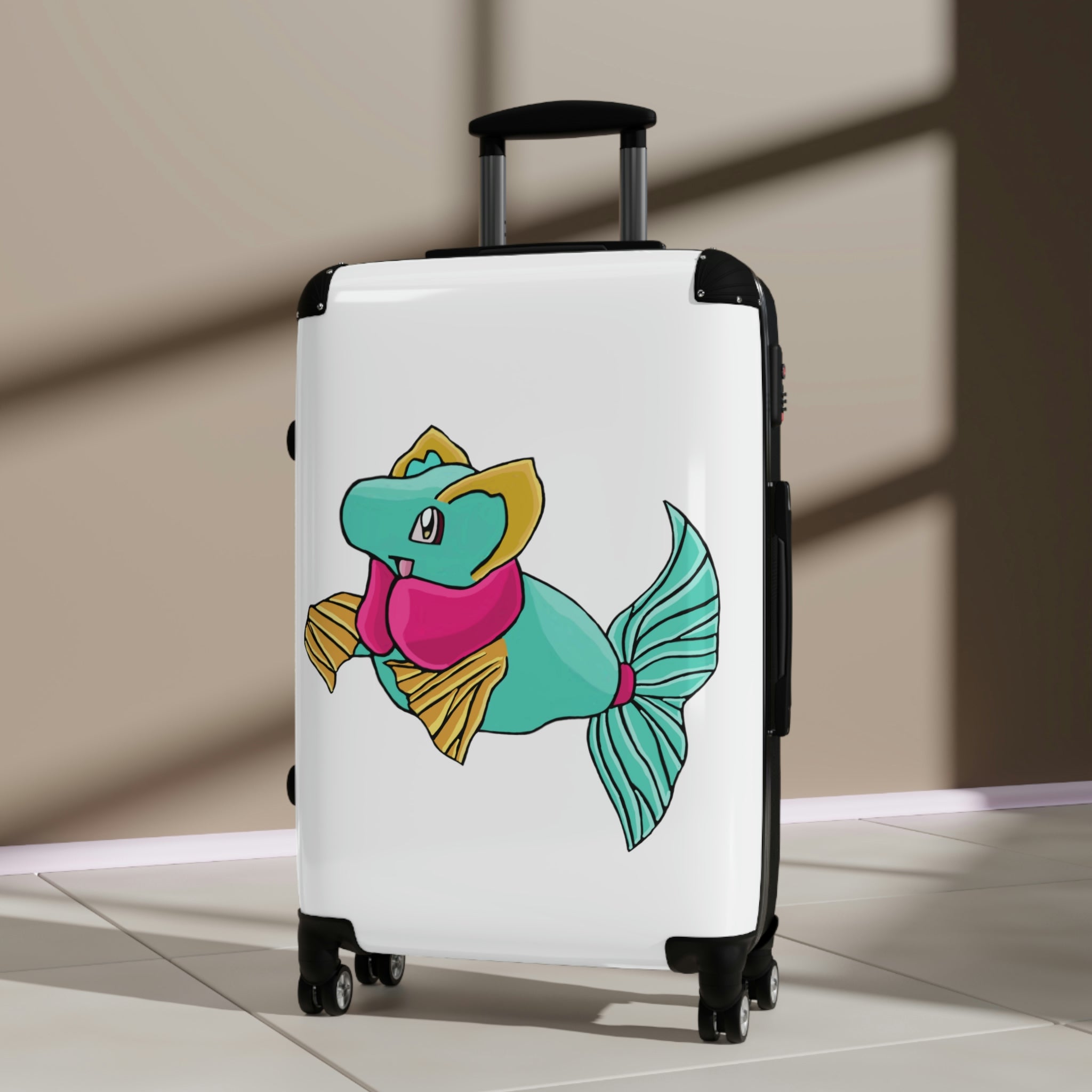 Plumo Cabin Suitcase featuring a personalized design, lightweight polycarbonate front, and ABS back, with adjustable handle and 360° swivel wheels.