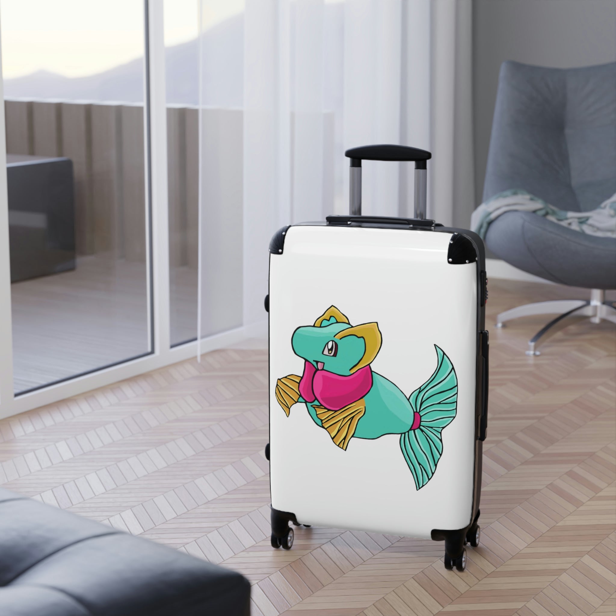 Plumo Cabin Suitcase featuring a personalized design, lightweight polycarbonate front, and ABS back, with adjustable handle and 360° swivel wheels.