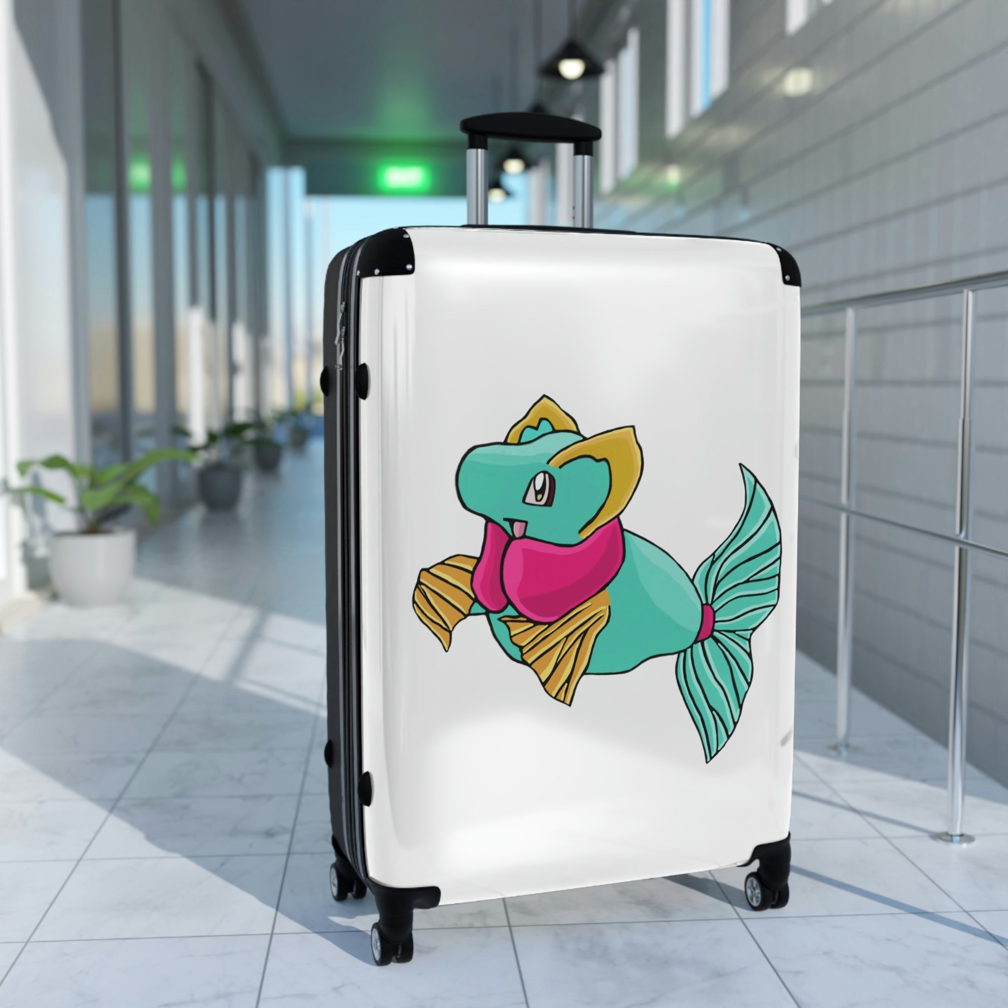 Plumo Cabin Suitcase featuring a personalized design, lightweight polycarbonate front, and ABS back, with adjustable handle and 360° swivel wheels.