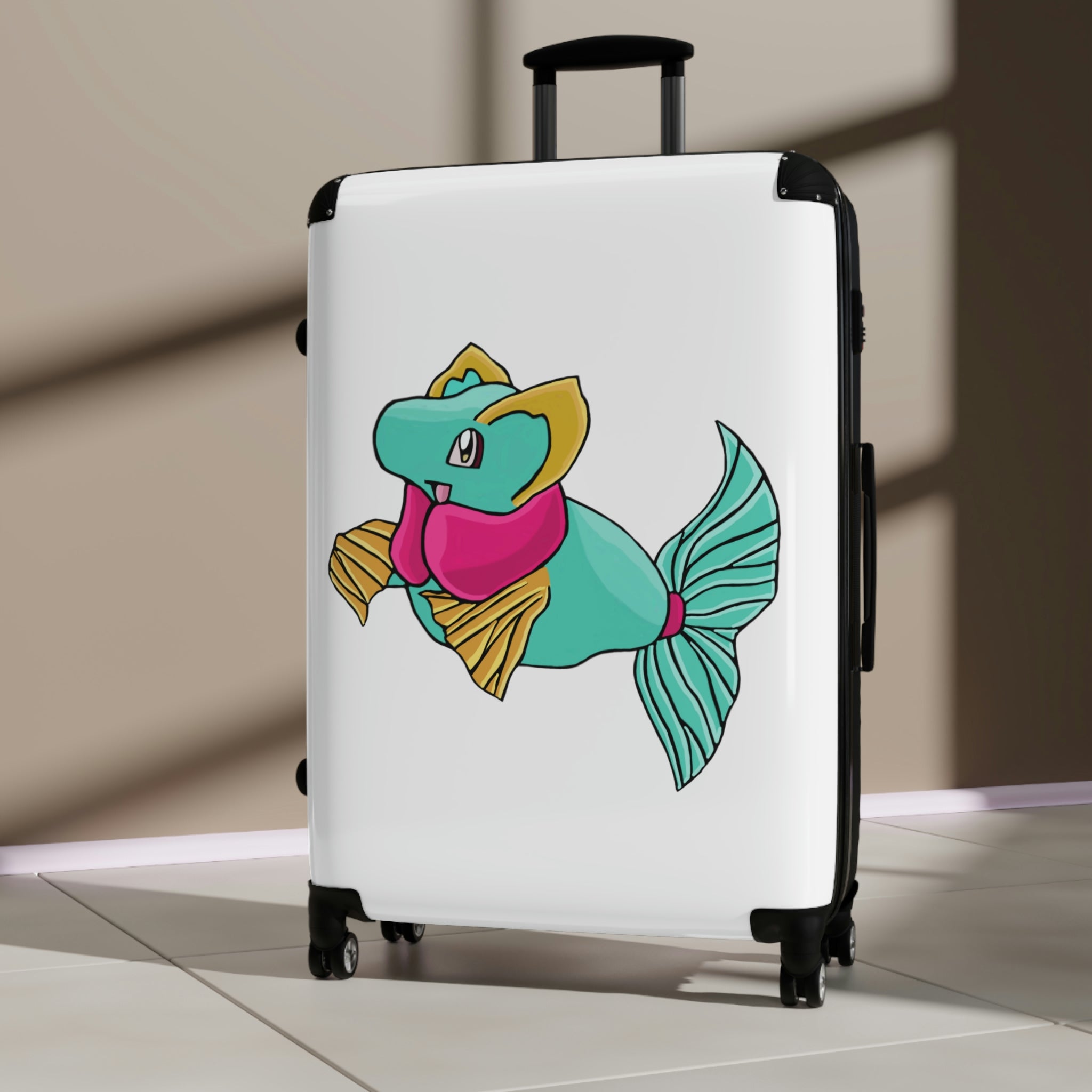 Plumo Cabin Suitcase featuring a personalized design, lightweight polycarbonate front, and ABS back, with adjustable handle and 360° swivel wheels.