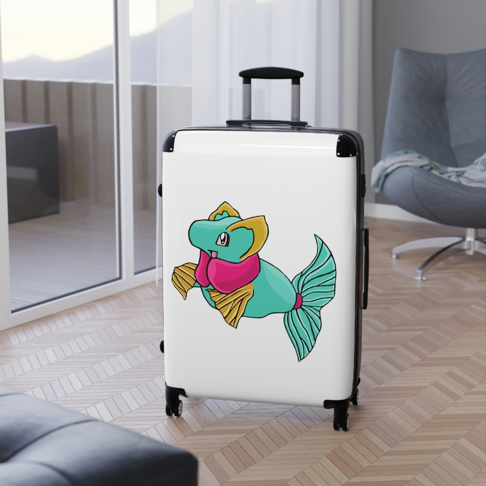 Plumo Cabin Suitcase featuring a personalized design, lightweight polycarbonate front, and ABS back, with adjustable handle and 360° swivel wheels.