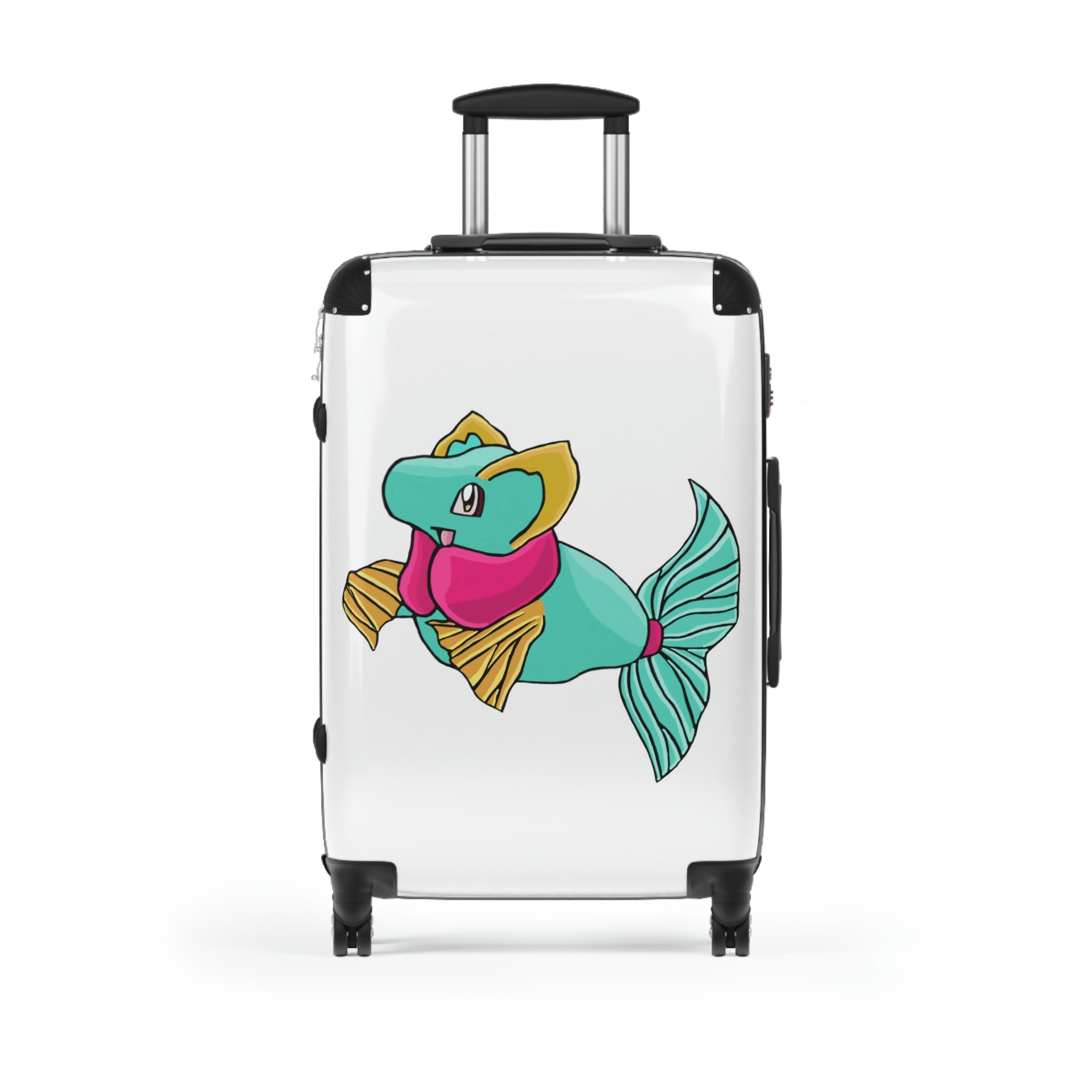 Plumo Cabin Suitcase featuring a personalized design, lightweight polycarbonate front, and ABS back, with adjustable handle and 360° swivel wheels.