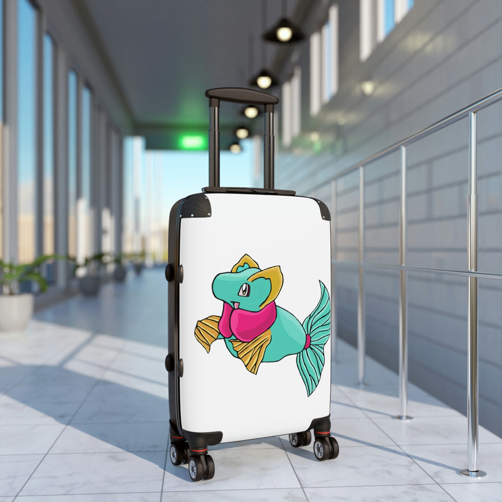 Plumo Cabin Suitcase featuring a personalized design, lightweight polycarbonate front, and ABS back, with adjustable handle and 360° swivel wheels.