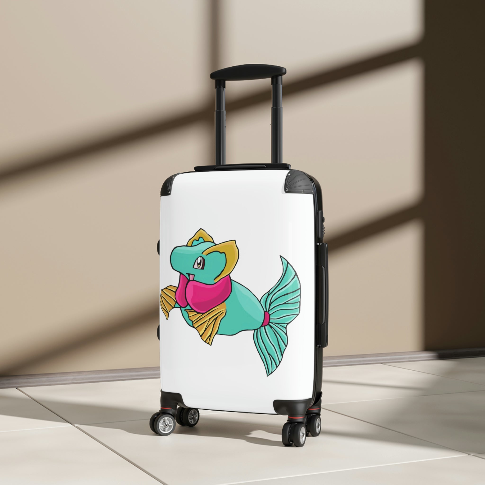 Plumo Cabin Suitcase featuring a personalized design, lightweight polycarbonate front, and ABS back, with adjustable handle and 360° swivel wheels.