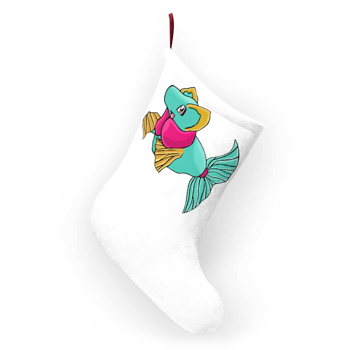 Plumo Christmas Stockings hanging by a fireplace, featuring festive designs and a soft fleece texture.