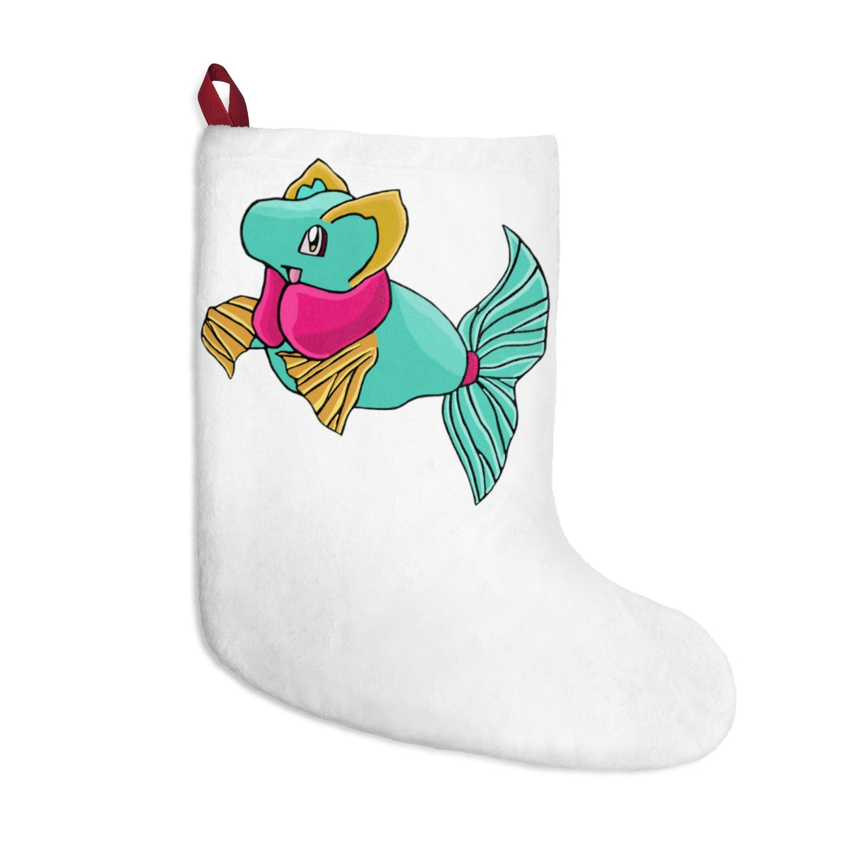 Plumo Christmas Stockings hanging by a fireplace, featuring festive designs and a soft fleece texture.