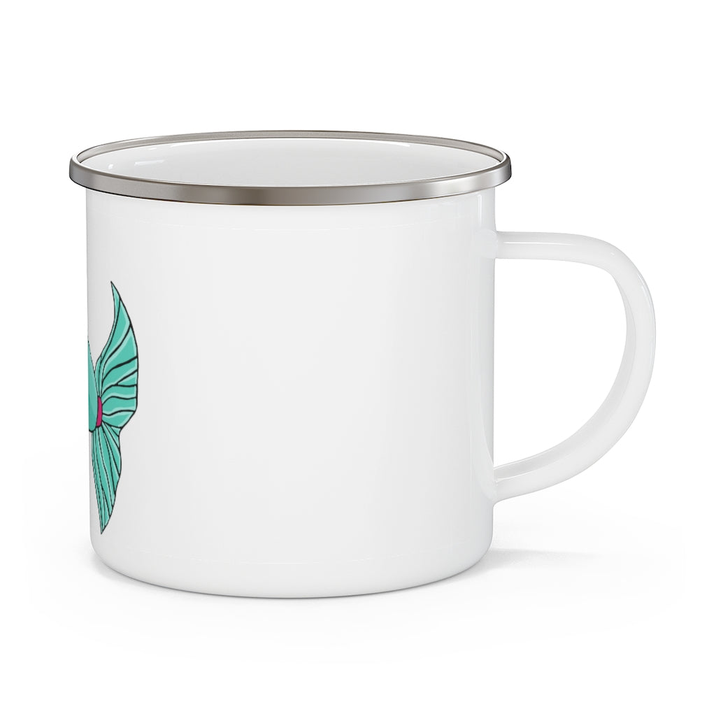 Plumo Enamel Camping Mug in a natural outdoor setting, showcasing its durable design and customizable print.